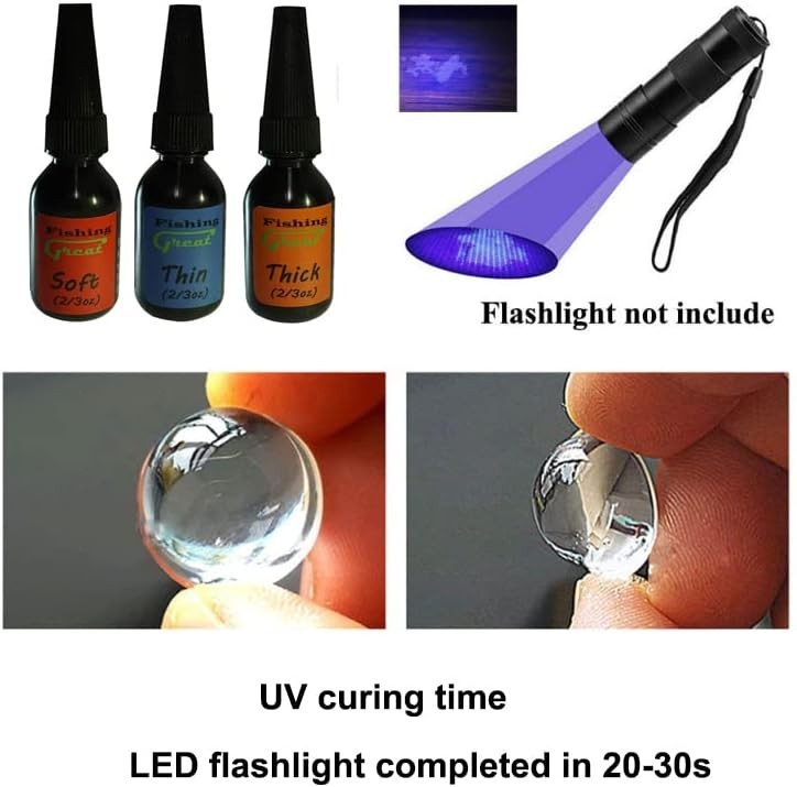 Versatile Fly Tying UV Glue Trio with UV Light – 20ml Clear & Flexible Solutions