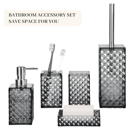 Bathroom Accessory Set, Grid Pattern 5 Pcs Plastic Bathroom Set 5 Pack Grey
