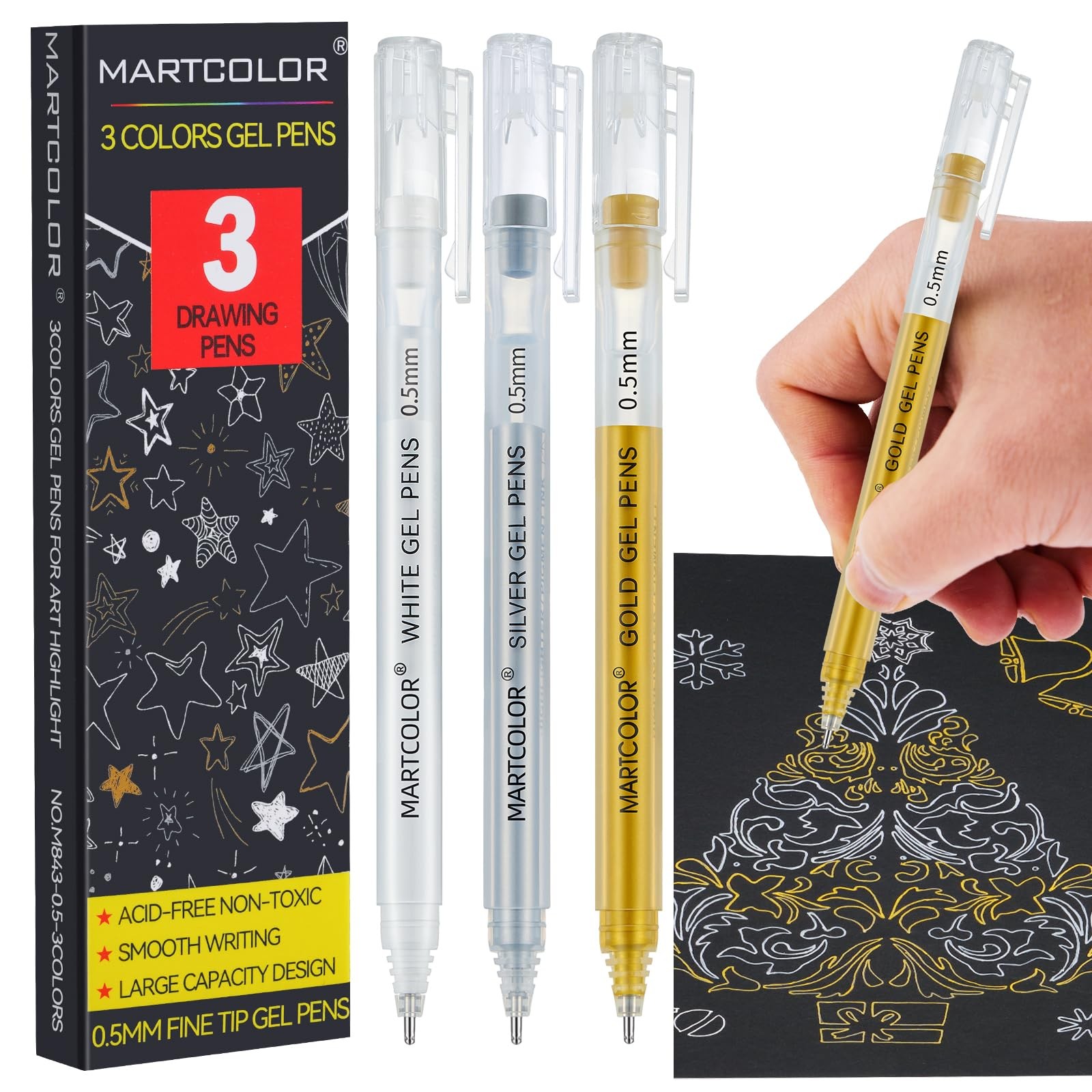 MARTCOLOR Gold Silver White Gel Pens, 0.5mm Extra 0.5mm,