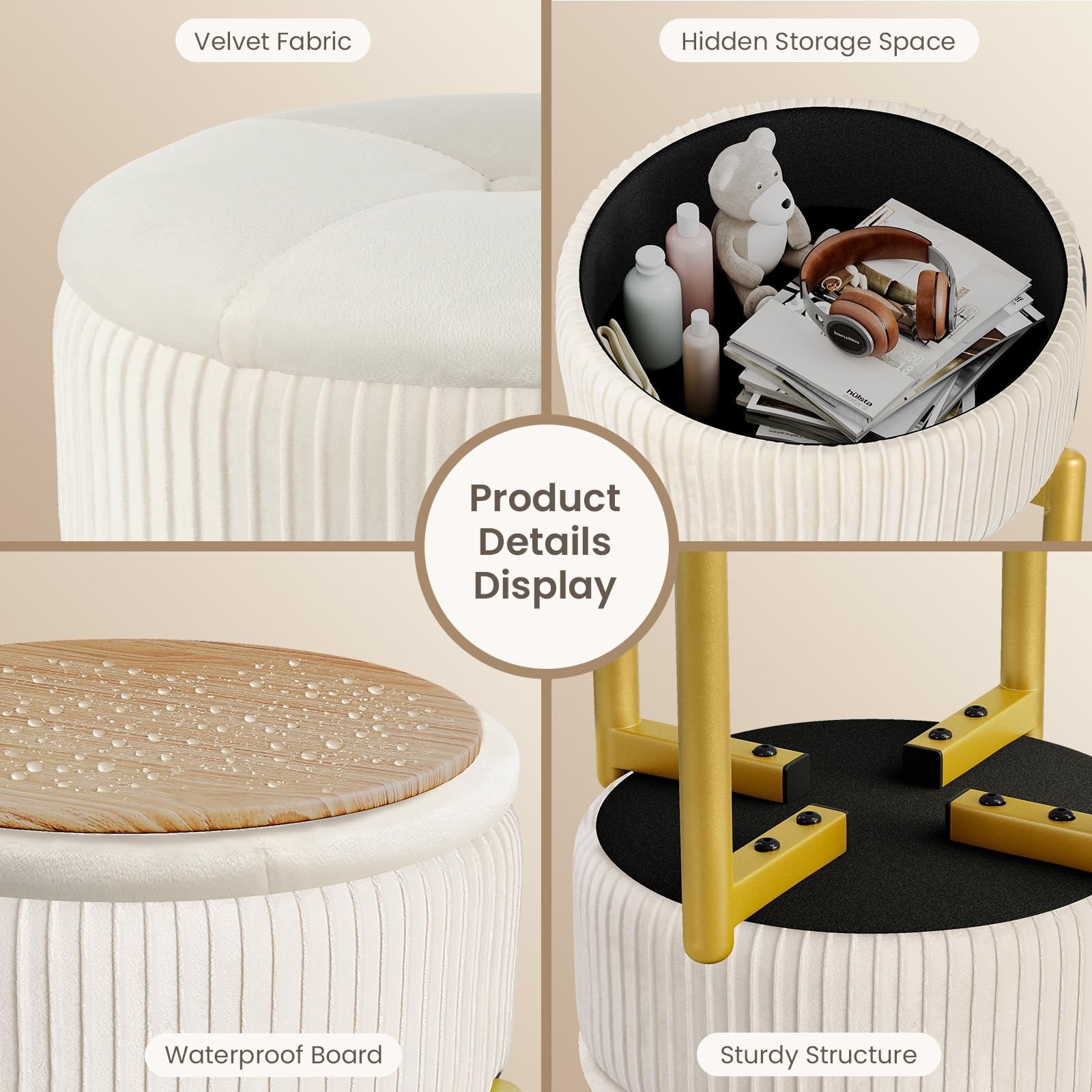 18-Inch Velvet Vanity Stool Chair with Storage, Vanity Bench with 4 Golden Me...