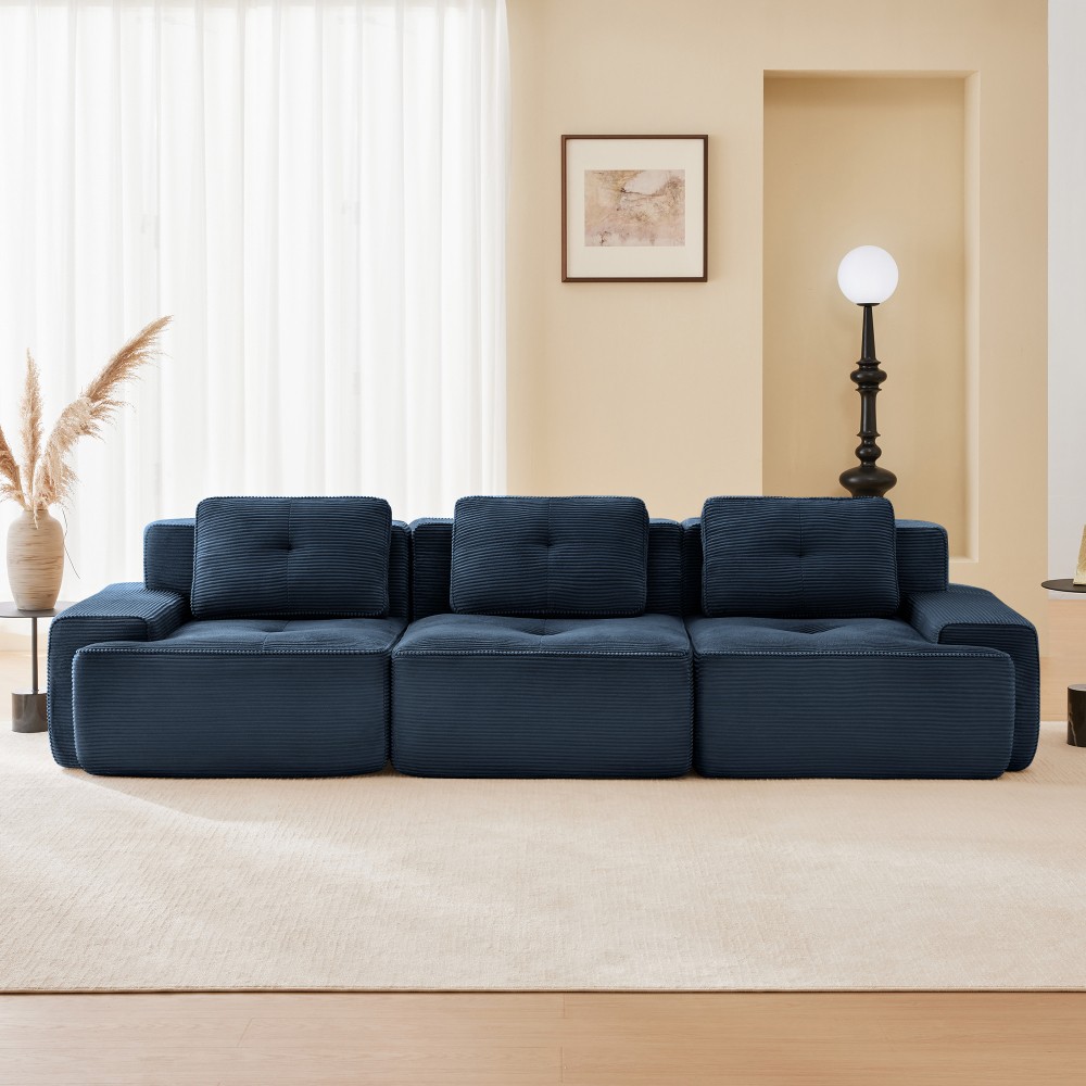 117" Modular Sectional Sofa w/ Tufted Design, Corduroy Fabric, Deep Seat, Blue