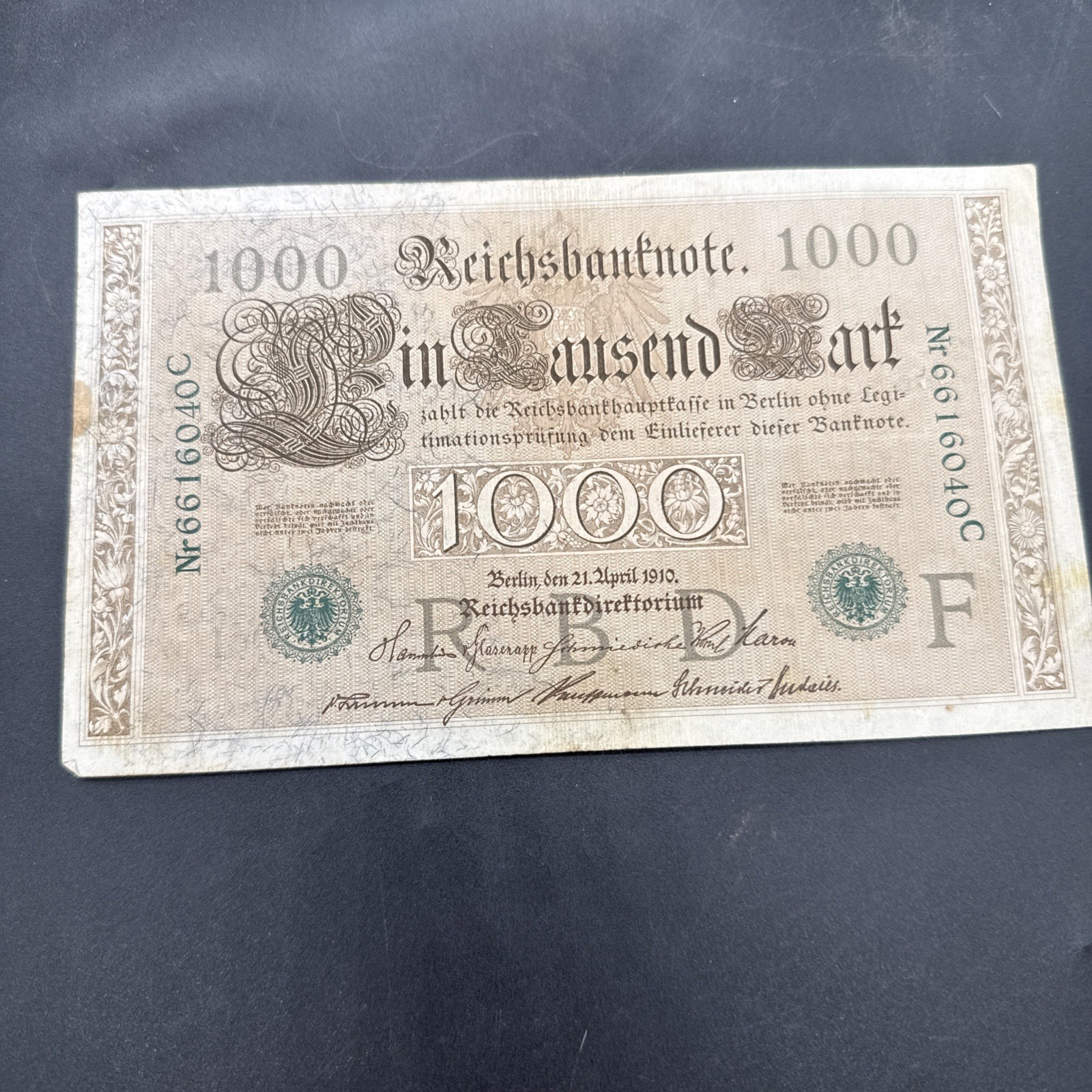 1910-F Germany 1000 Mark Reichsbanknote Imperial Note Green Seal