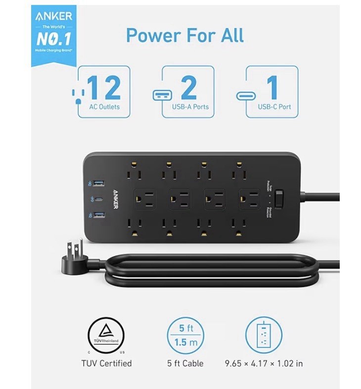 Anker 351 Power Strip 12 Outlets 2100J Surge 20W USB-C 5ft Cord Free Shipping