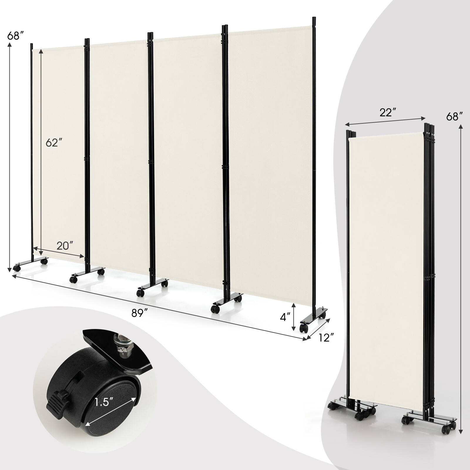 4-Panel Folding Room Divider 6FT Rolling Privacy Screen w/ Lockable Wheels White