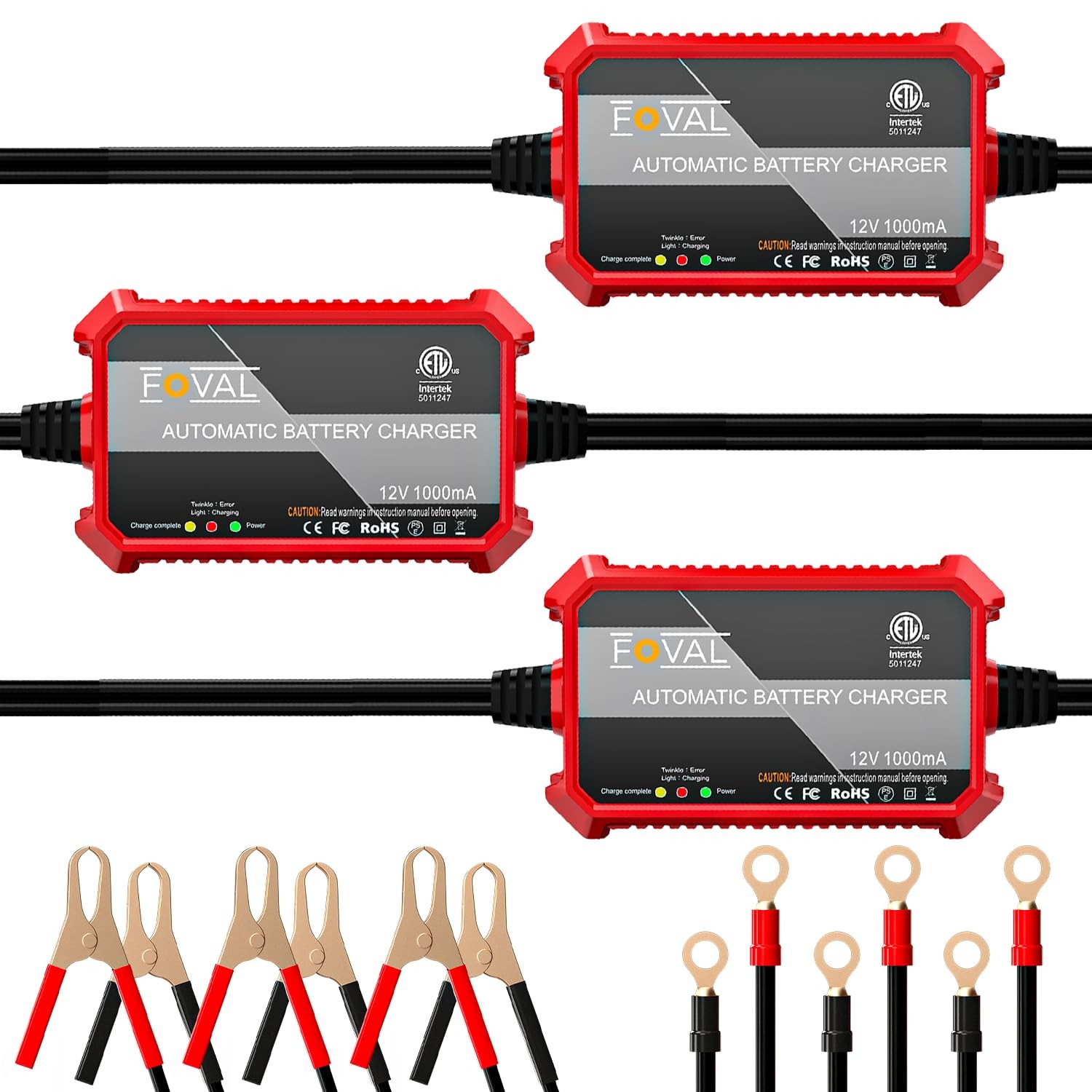 [3-Pack] 1000mA Car Battery Charger, FOVAL 12V Fully Automotive Red