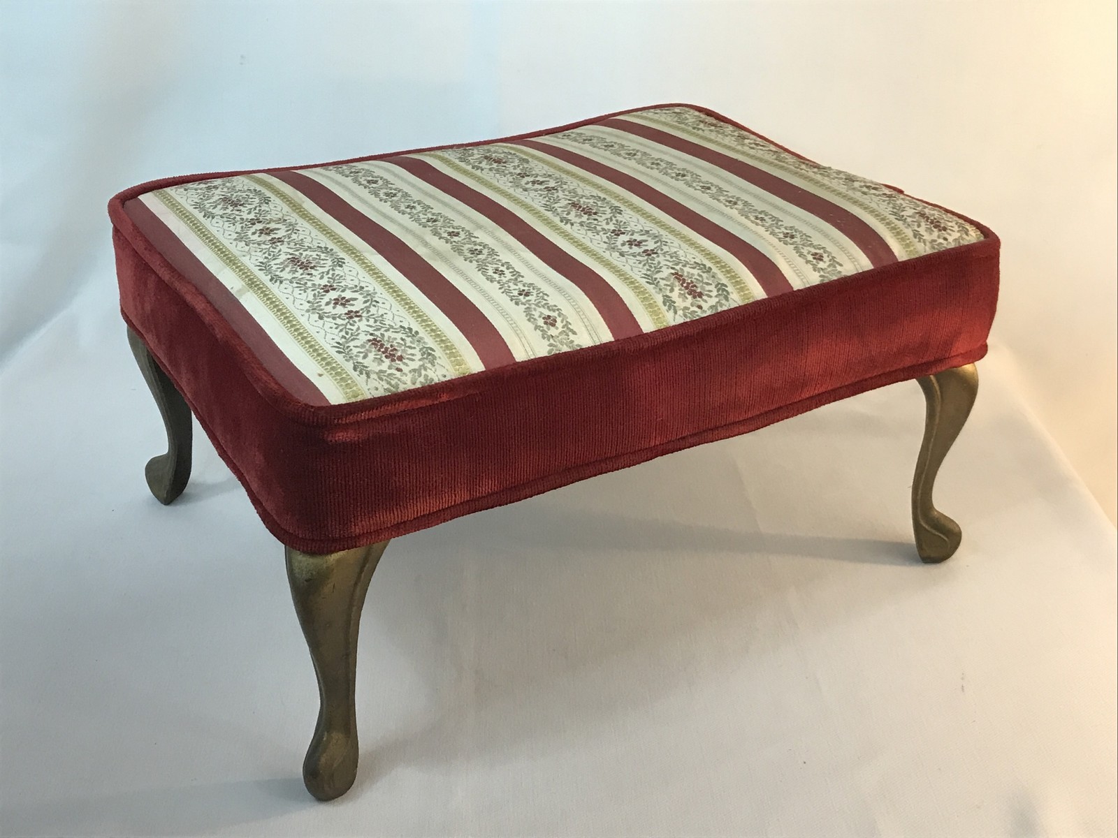Antique French Provincial Foot Stool Brocade Tapestry Floral Solid Brass Legs