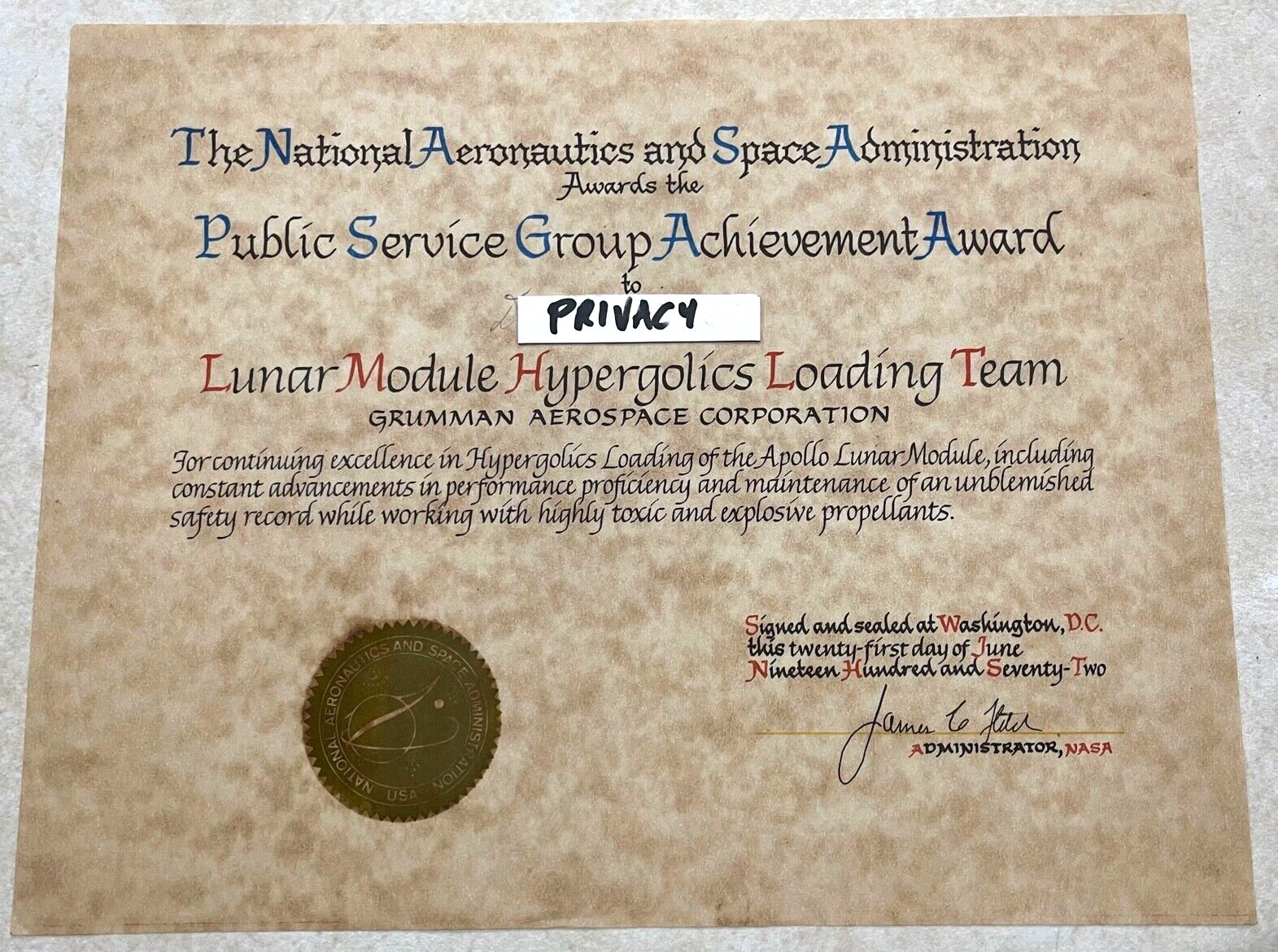 GRUMMAN LUNAR MODULE HYPERGOLICS LOAD TEAM ACHIEVEMENT AWARD 11 X 14 SIZE NAMED