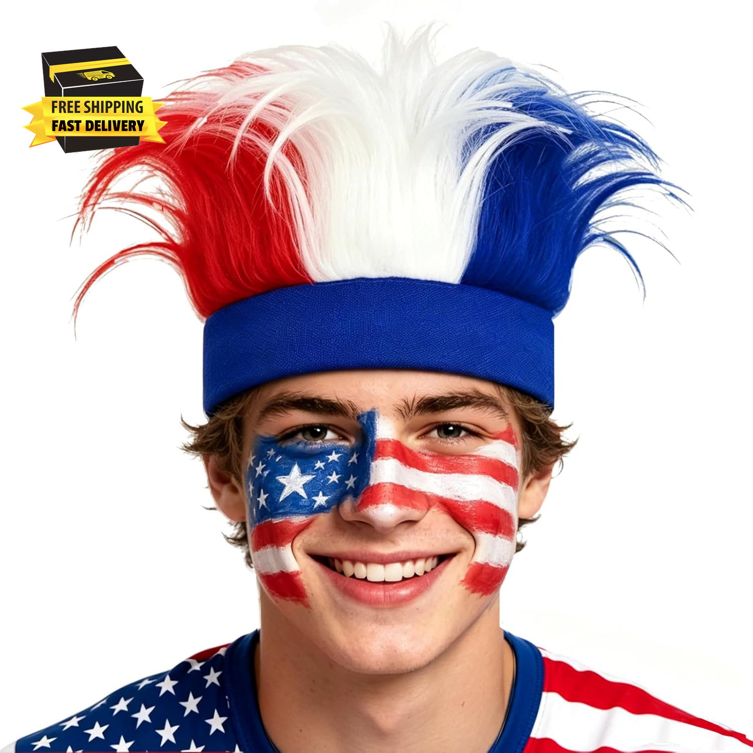Patriotic Hairy Headband,Football Wig Hat Crazy Cheering Red White Blue Hair Hat