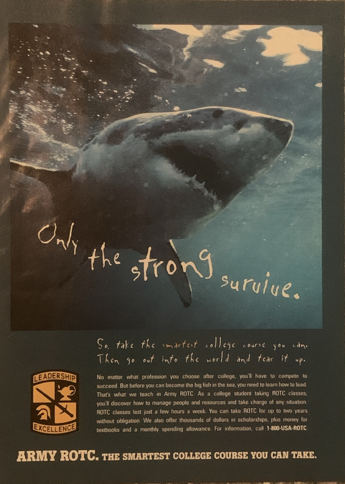 1999 US Army ROTC Recruiting PRINT AD Shark Smartest College Course VTG 1990s