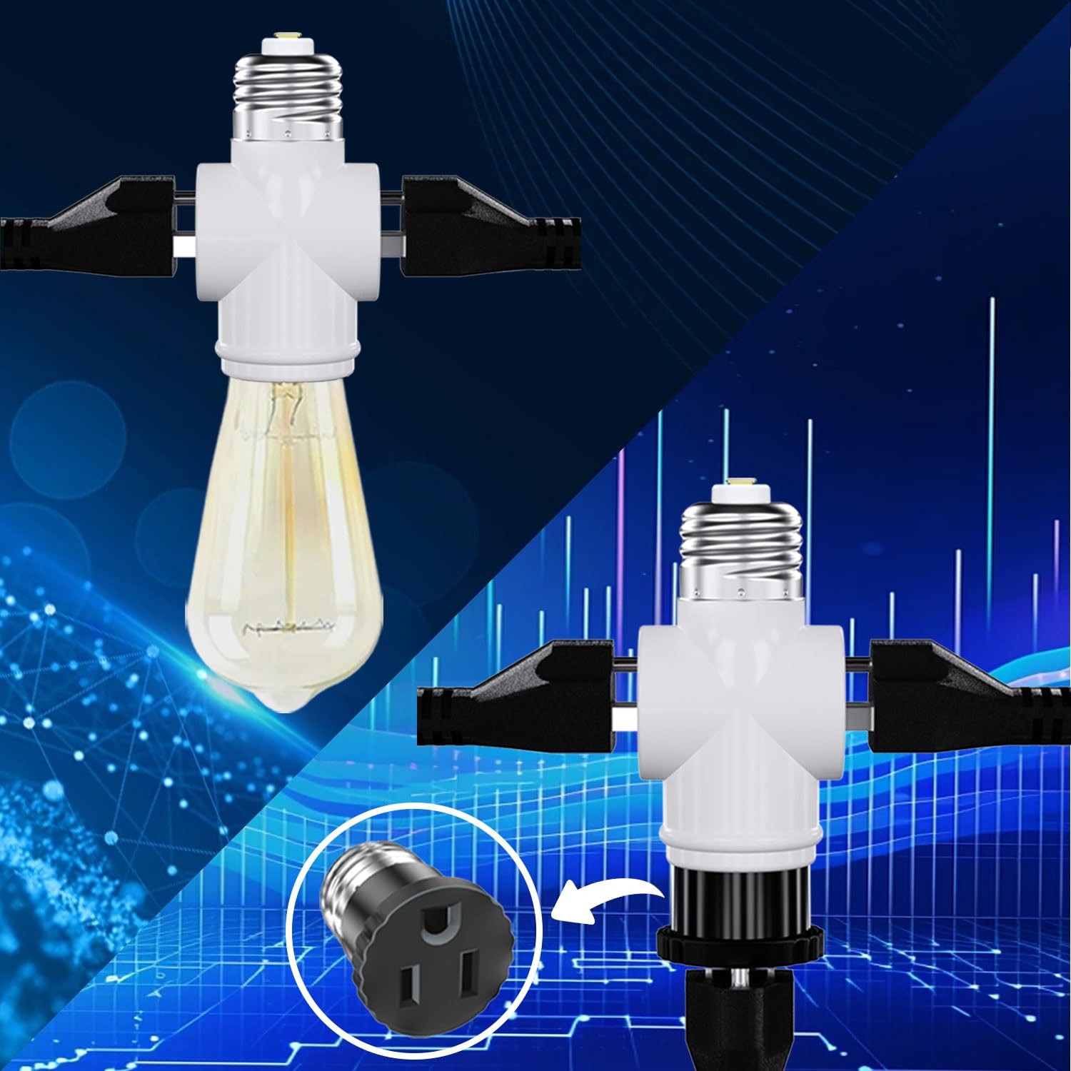 Light Socket Adapter, Convert E26 to 3-Prong Outlet White