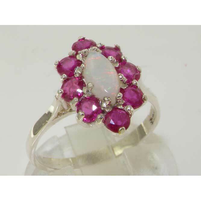 Solid 925 Sterling Silver Natural Opal & Ruby Womens Cluster Ring