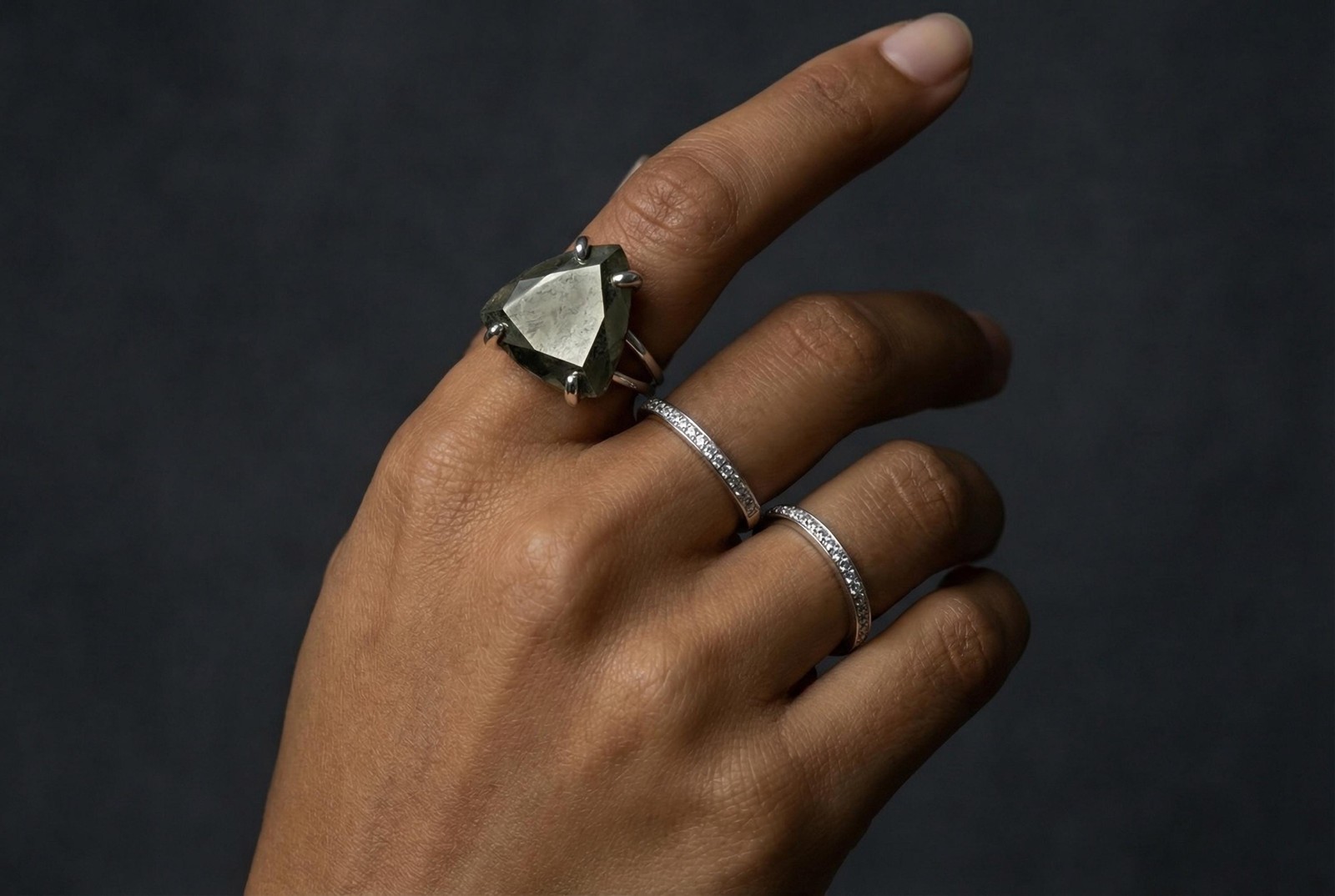 Pyrite Ring Anemone Jewelry 925 Silver Large Trillion Cut Stone Gift
