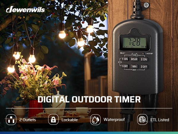 DEWENWILS Outdoor Timer Outlet Waterproof Programmable 2 Outlet 15A Heavy Duty