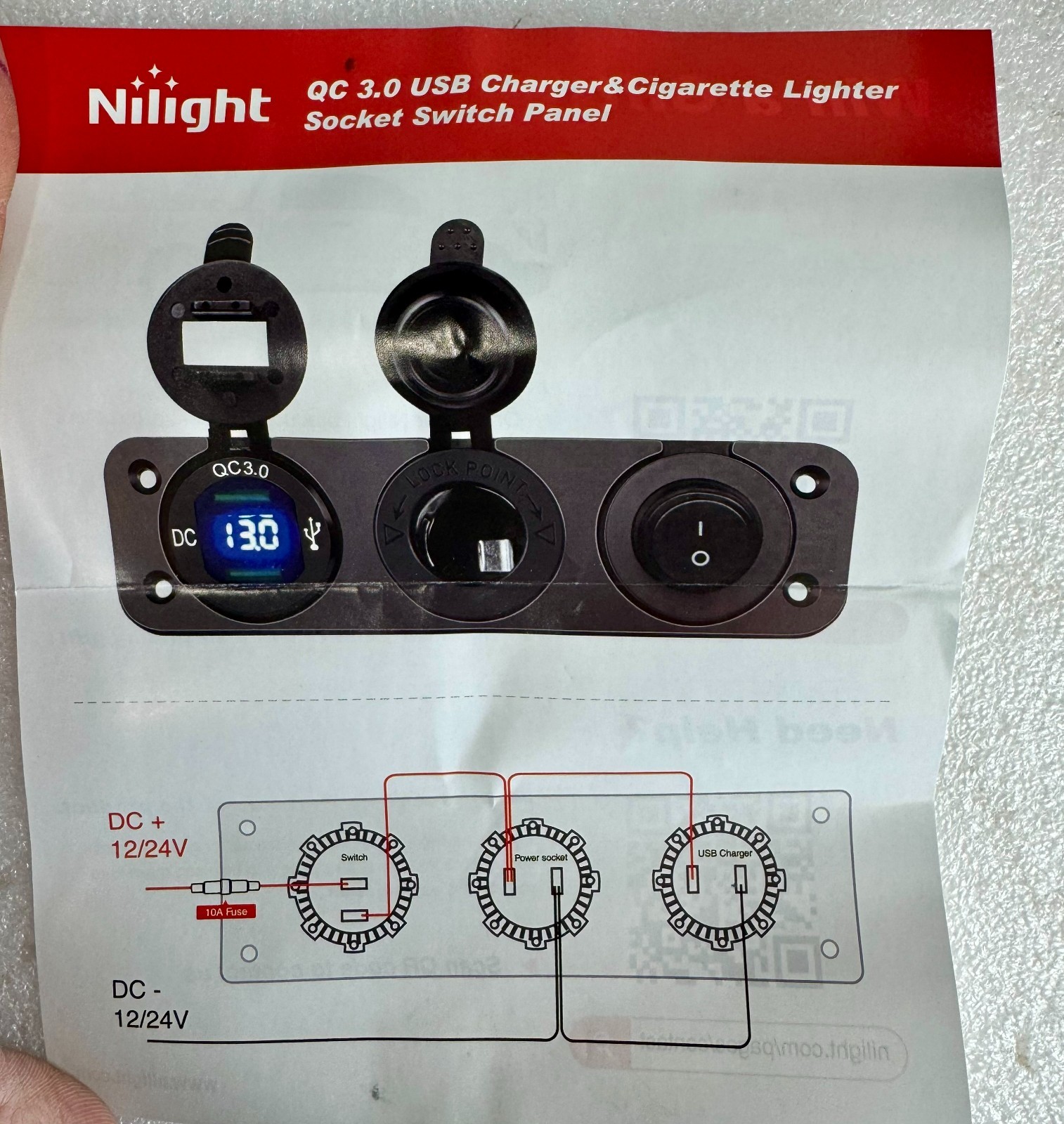 Nilight 4 in 1 Cigarette Lighter Charger Socket Panel QC3.0 Dual USB Waterproof