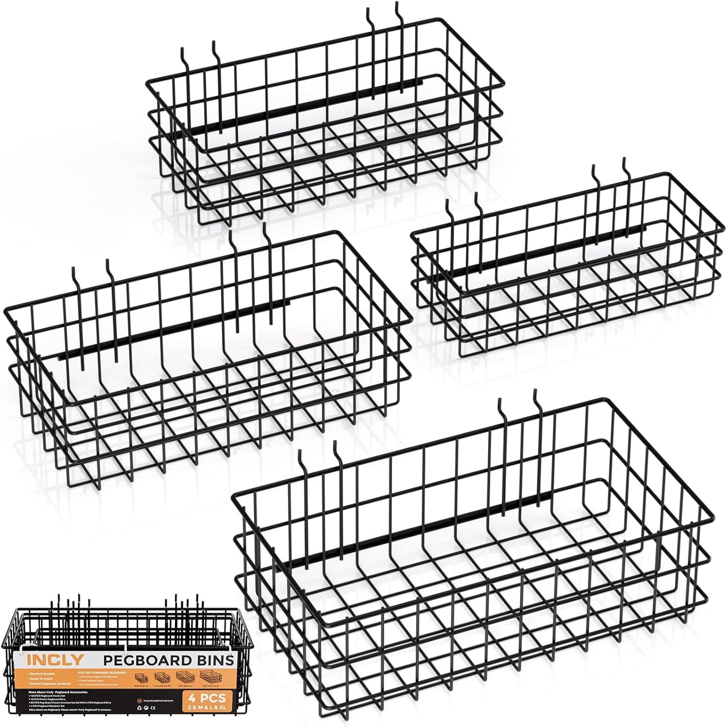4 Pack Heavy Duty Metal Pegboard Baskets - Adjustable & Rust Resistant