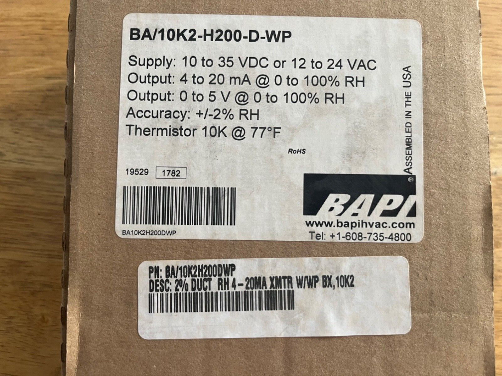 BAPI BA/10K2H200DWP 2% Duct Relative Humidity Sensor +/-2% RH Thermistor 10K 77F