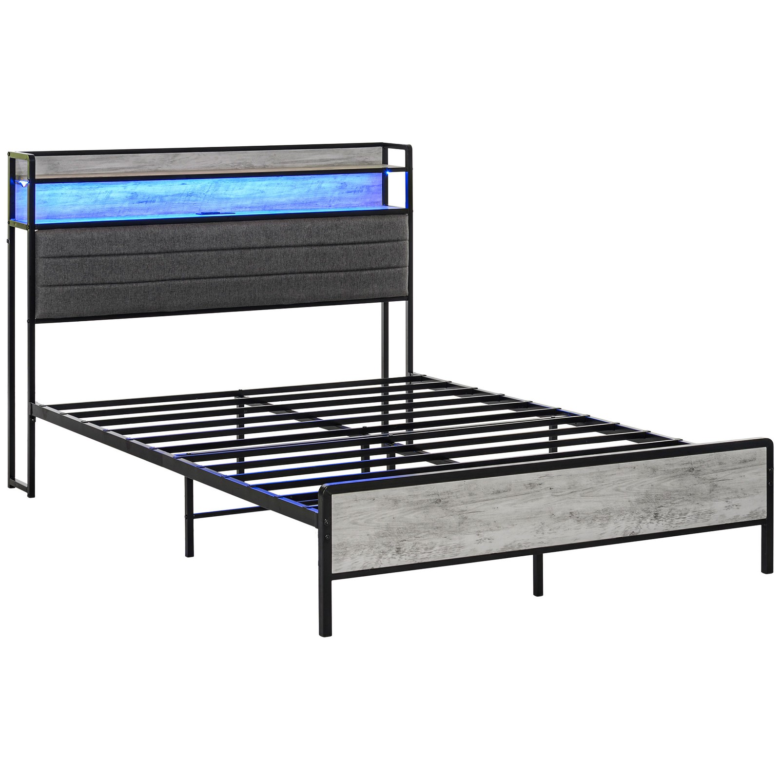Full Size Bed Frame with Storage Headboard, Upholstered Platform Bed Frame