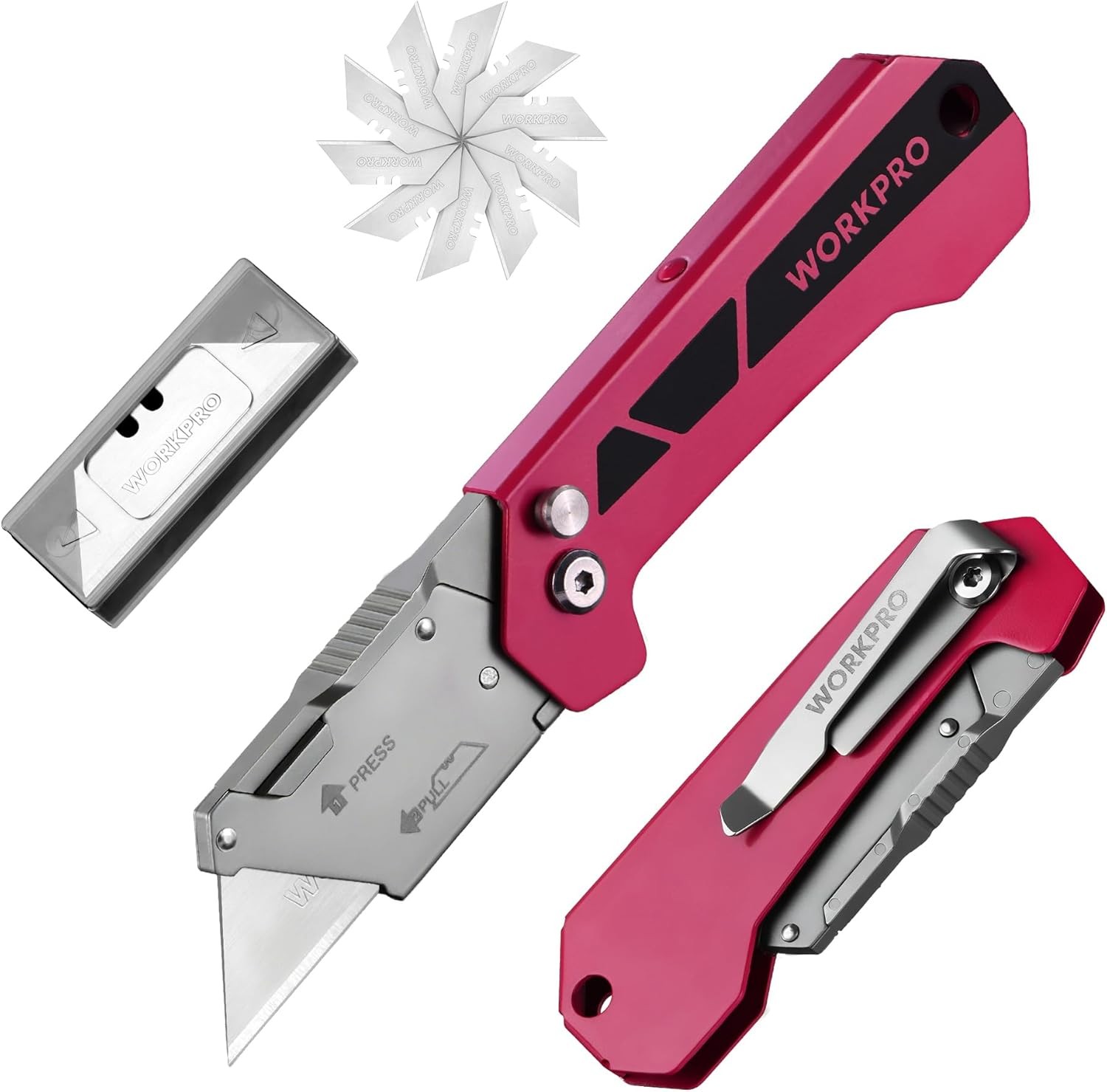 WORKPRO Pocket Folding Utility Knife Box Cutter Quick Open Axis Lock 10Pc Blades