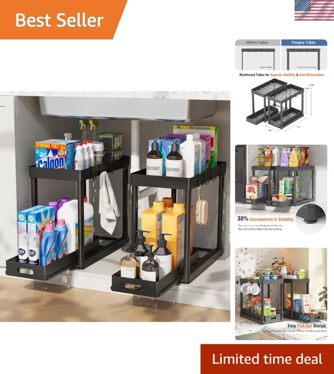 2-Pc Pull-Out Under Sink Organizers for Effortless Kitchen & Bathroom Storage