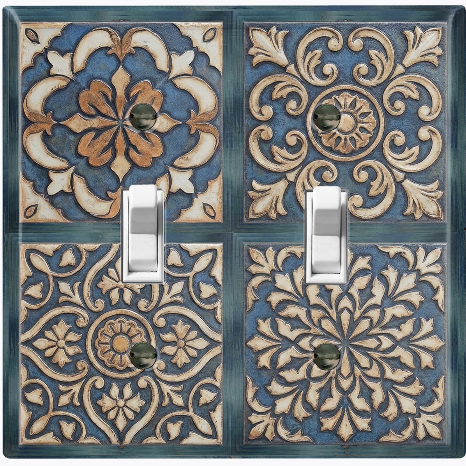 Metal Light Switch Outlet Cover Wall Plate Vintage Blue Tan Floral Decor FME195