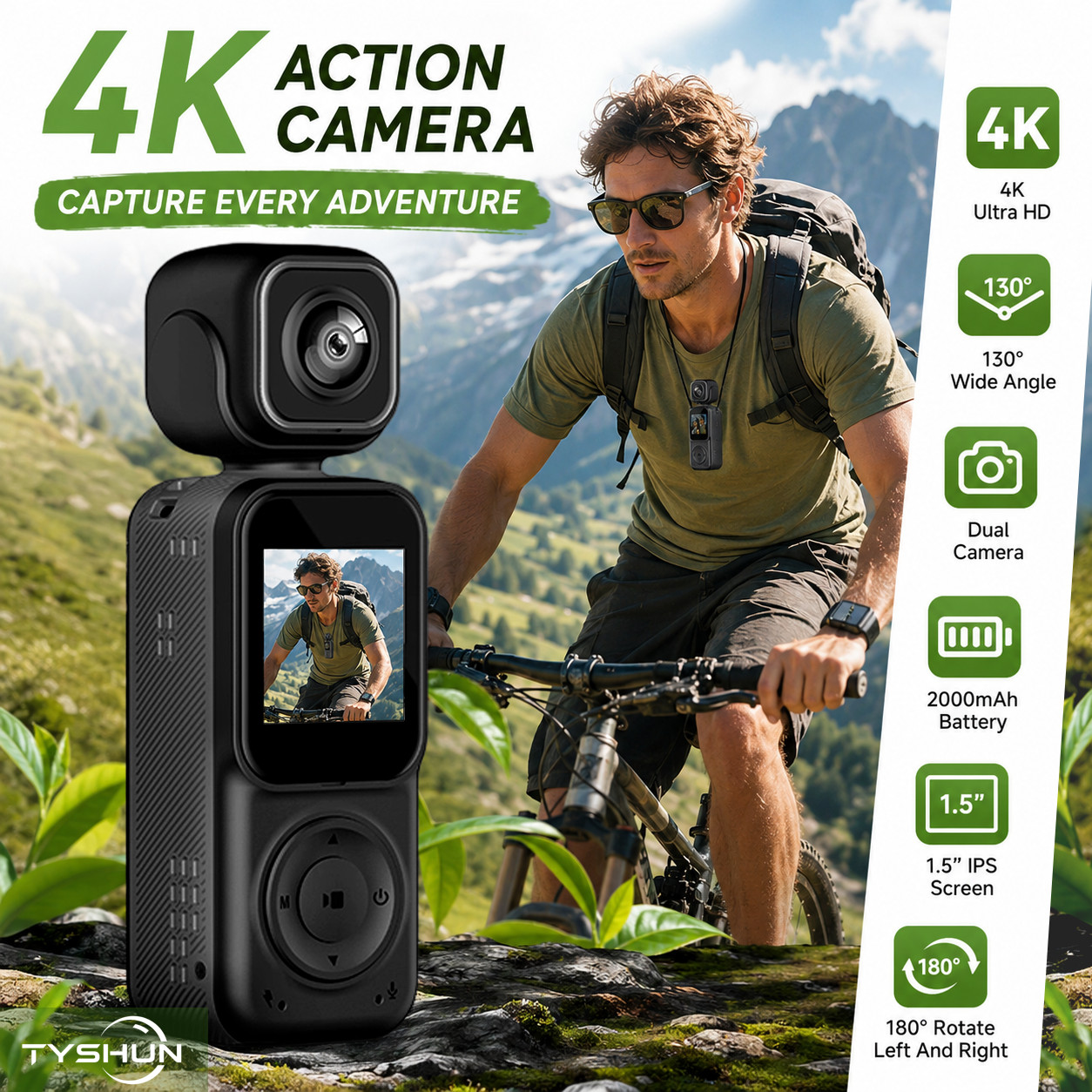 4K HD Dual Camera Sports Camera 1.5''Screen Outdoor Handheld Video Recorder
