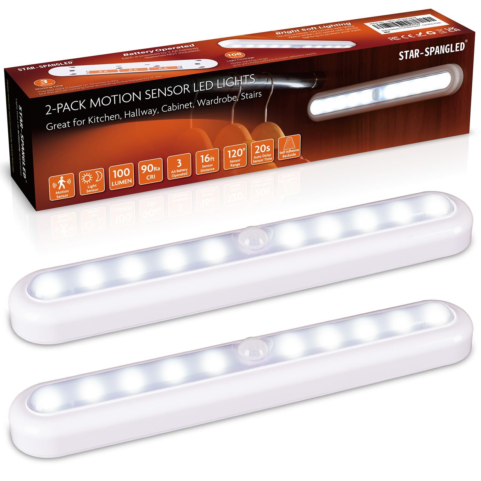 Motion Sensor Indoor Lights Battery Operated Stick on LED Cool White 2 Pack
