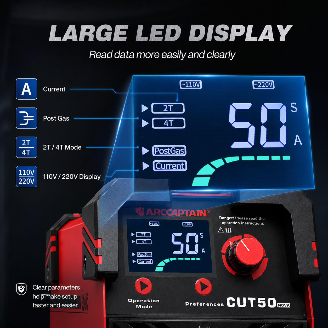 ARCCAPTAIN Plasma Cutter 50Amp 1/2" Clean Cut with Large LED Display IGBT 2T/4T