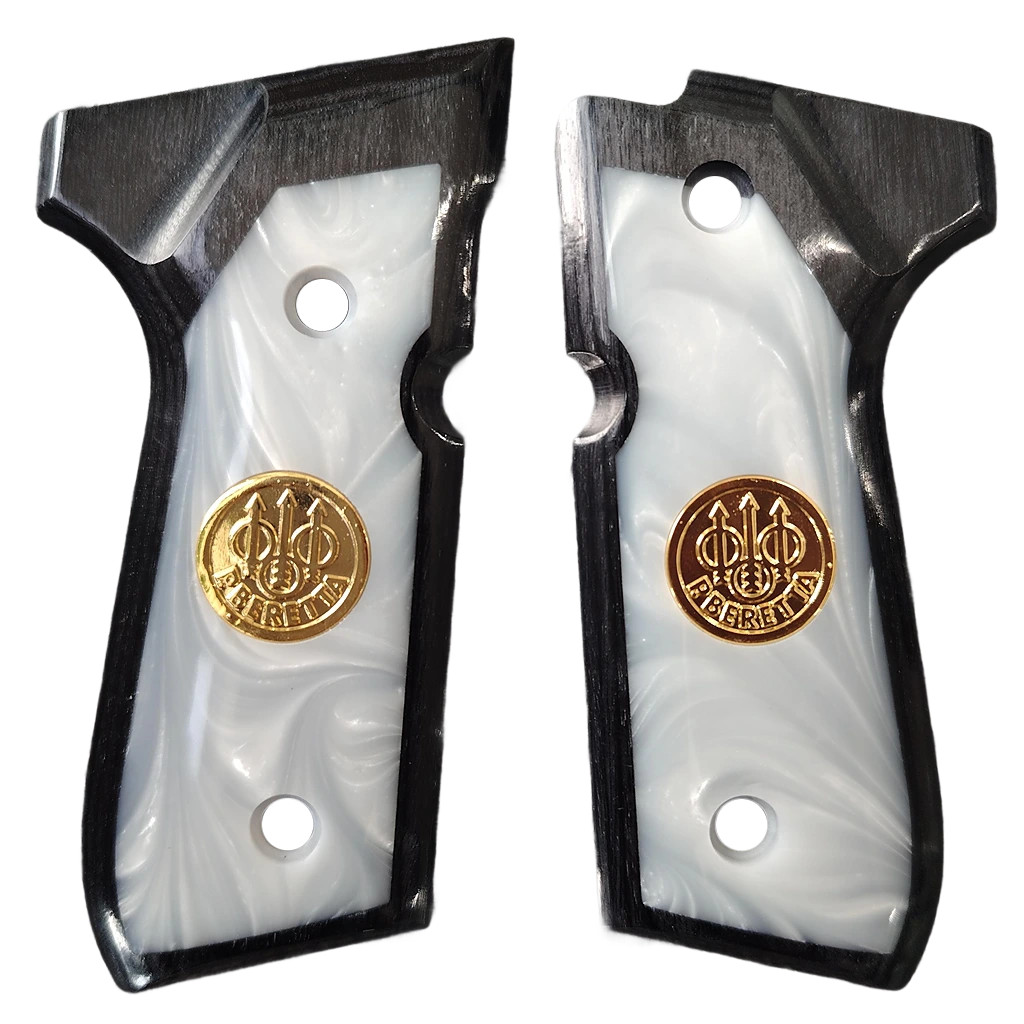 Beretta 92 fs grips white pearl resin with gold medaillon black wood 92F 92A1 92