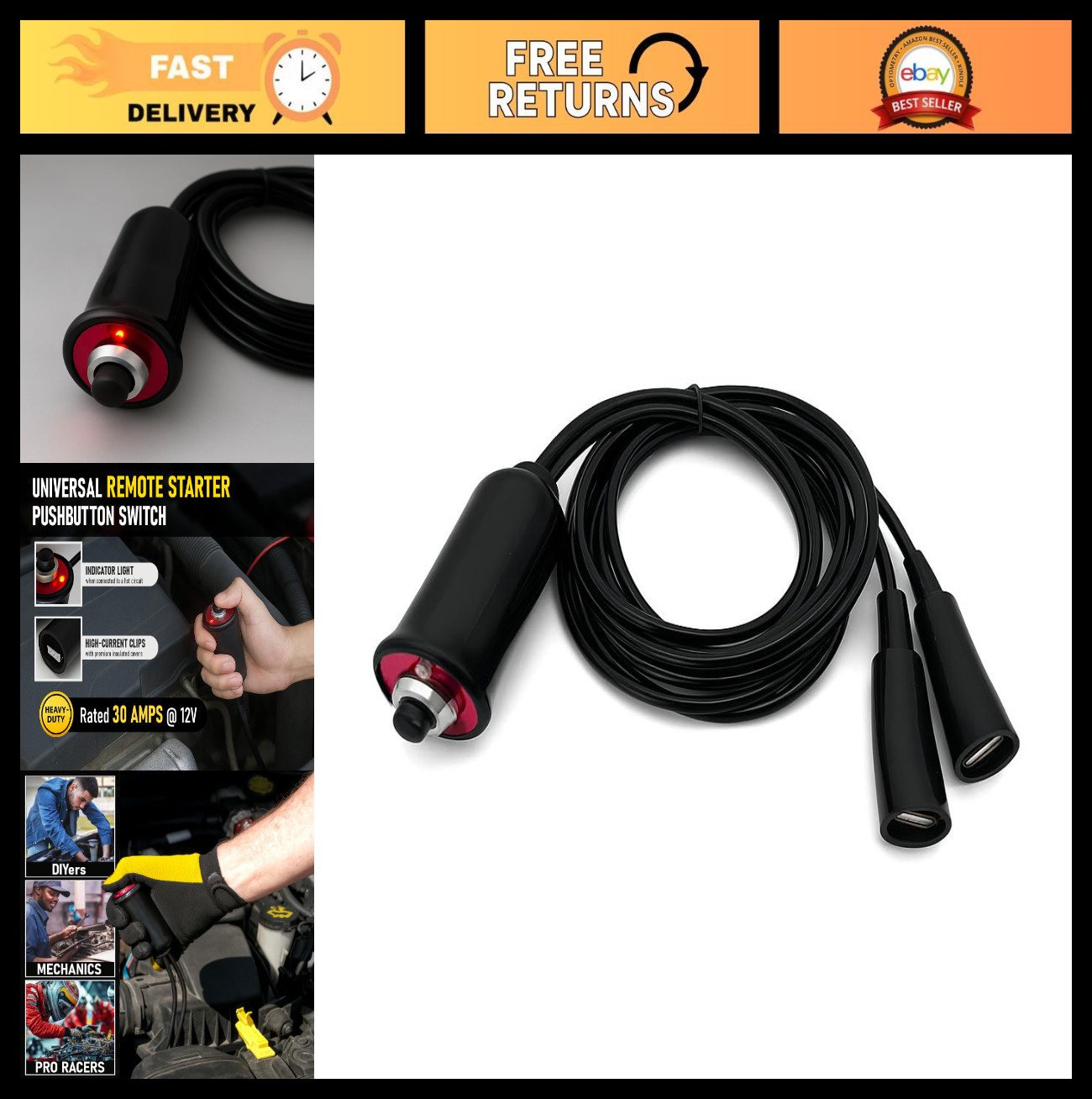 Heavy-Duty Push-Button Remote Starter Switch for Car & Truck - 5ft Wire Leads, A