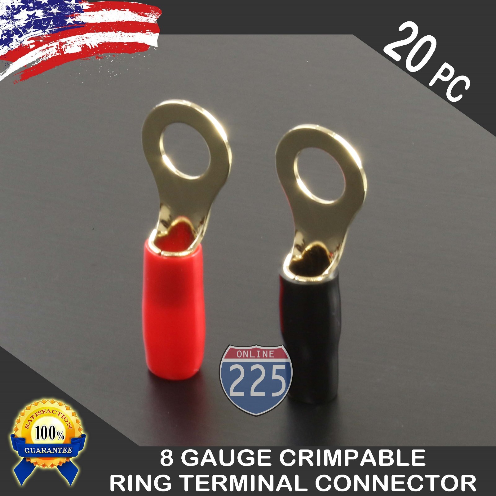 8GA Gauge SILVER Ring Terminal 20pc Wire Crimp Cable Red Black Boots 5/16" Stud