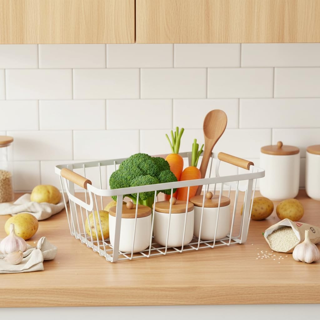 White wire baskets for organizing with Wooden Handle ,Metal Wire Storage Bask...
