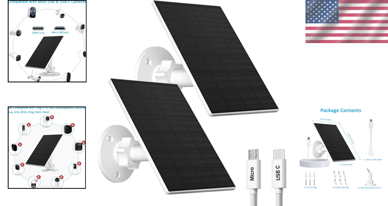 Solar Panel for Security Camera, 2 Pack 2W Solar Charger with Micro USB & USB-C