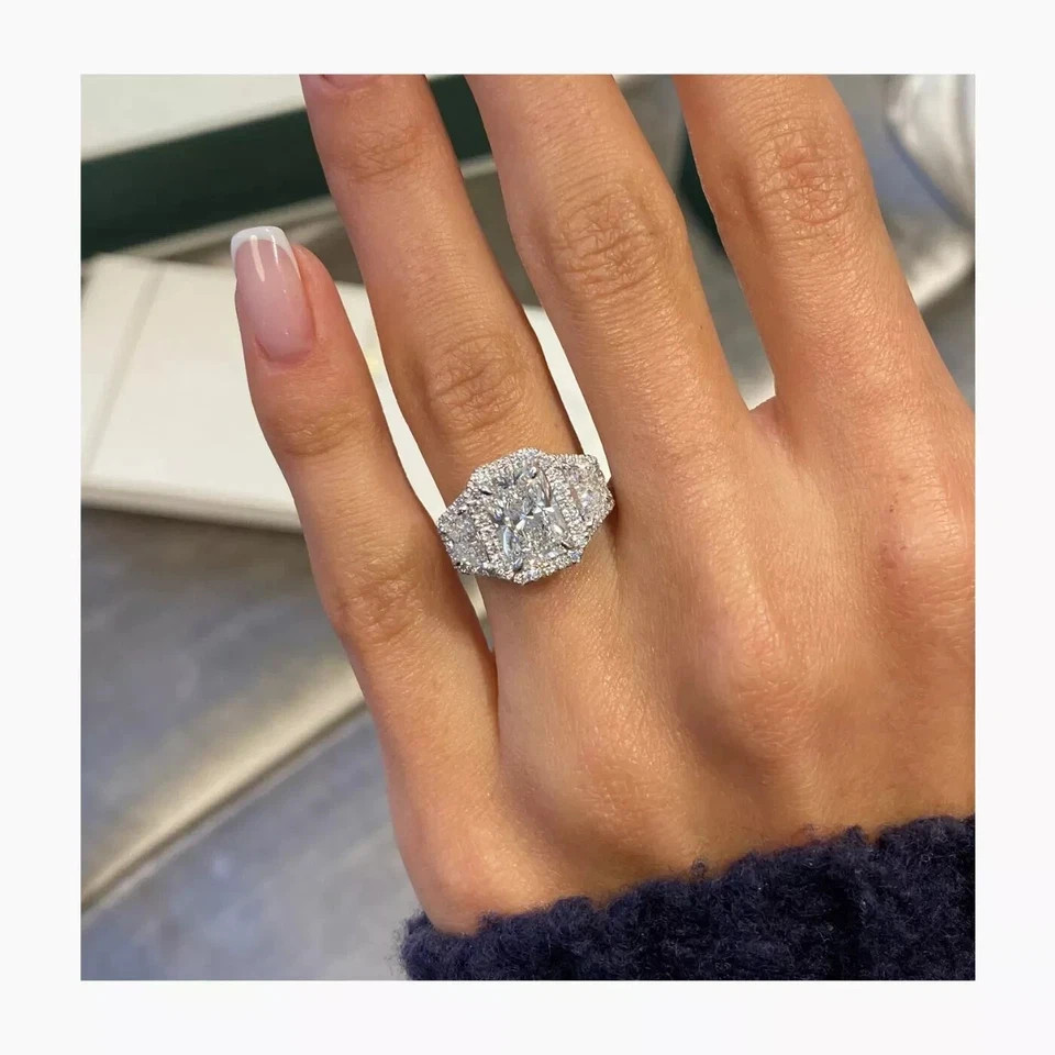 3.40 Ct Radiant Cut White Moissanite Halo Engagement Ring 925 Sterling Silver