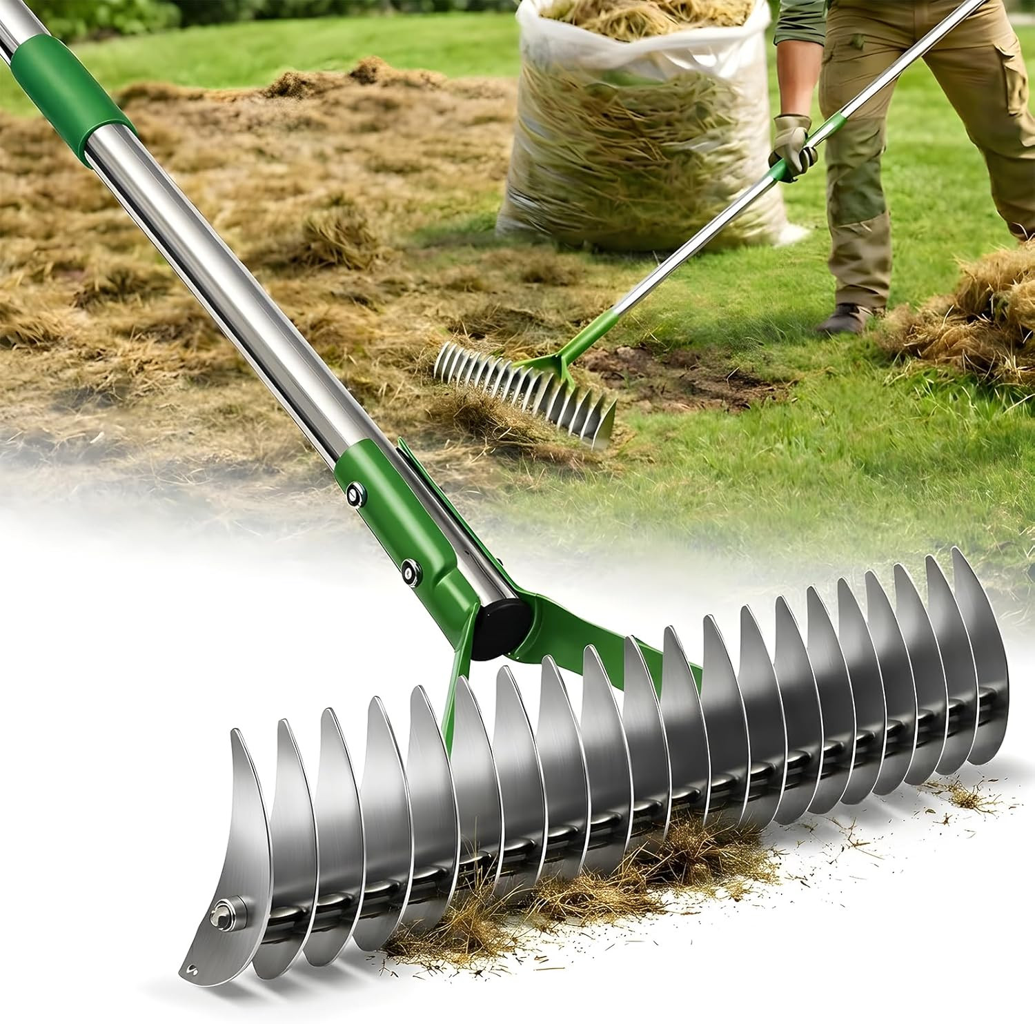 Manual Thatch Rake - 2-in-1 Dethatcher & Scarifier with Adjustable Handle