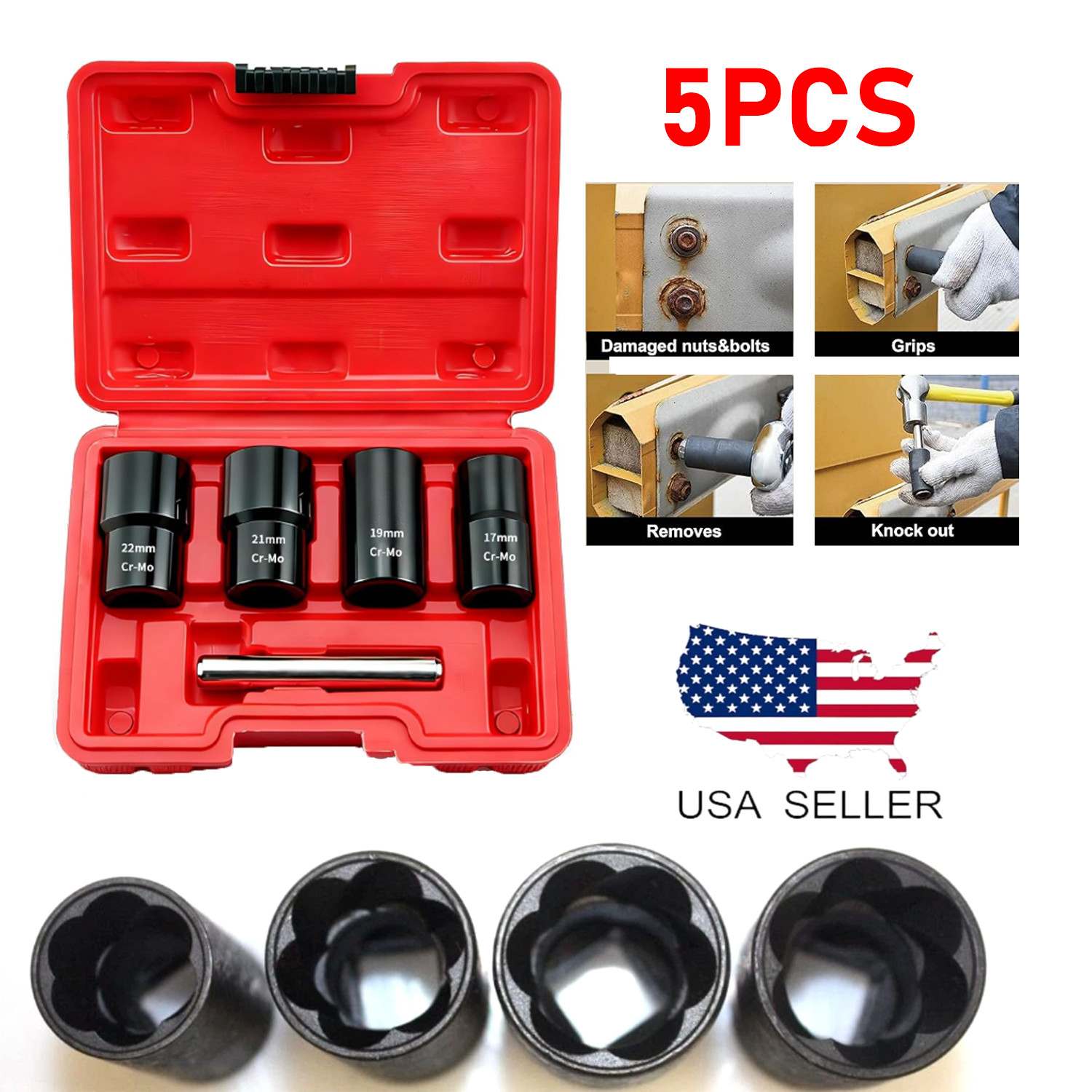 5pcs Twist Socket Kits 1/2'' Drive Wheel Lock Nut Removal Tool Set 17 19 21 22mm