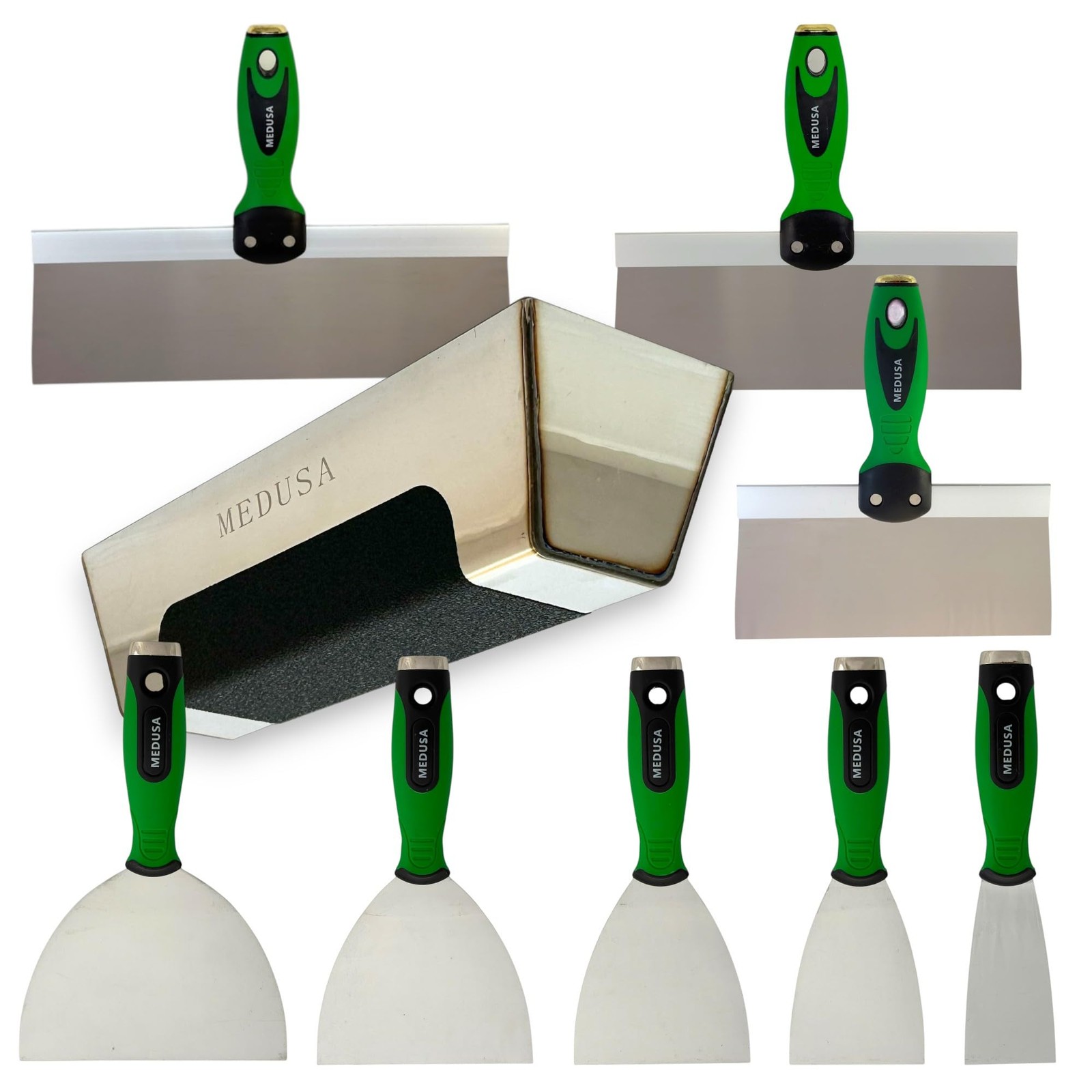 Medusa's Flexible Stainless Steel Drywall Taping Knife Set with 12" Mud Pan a...