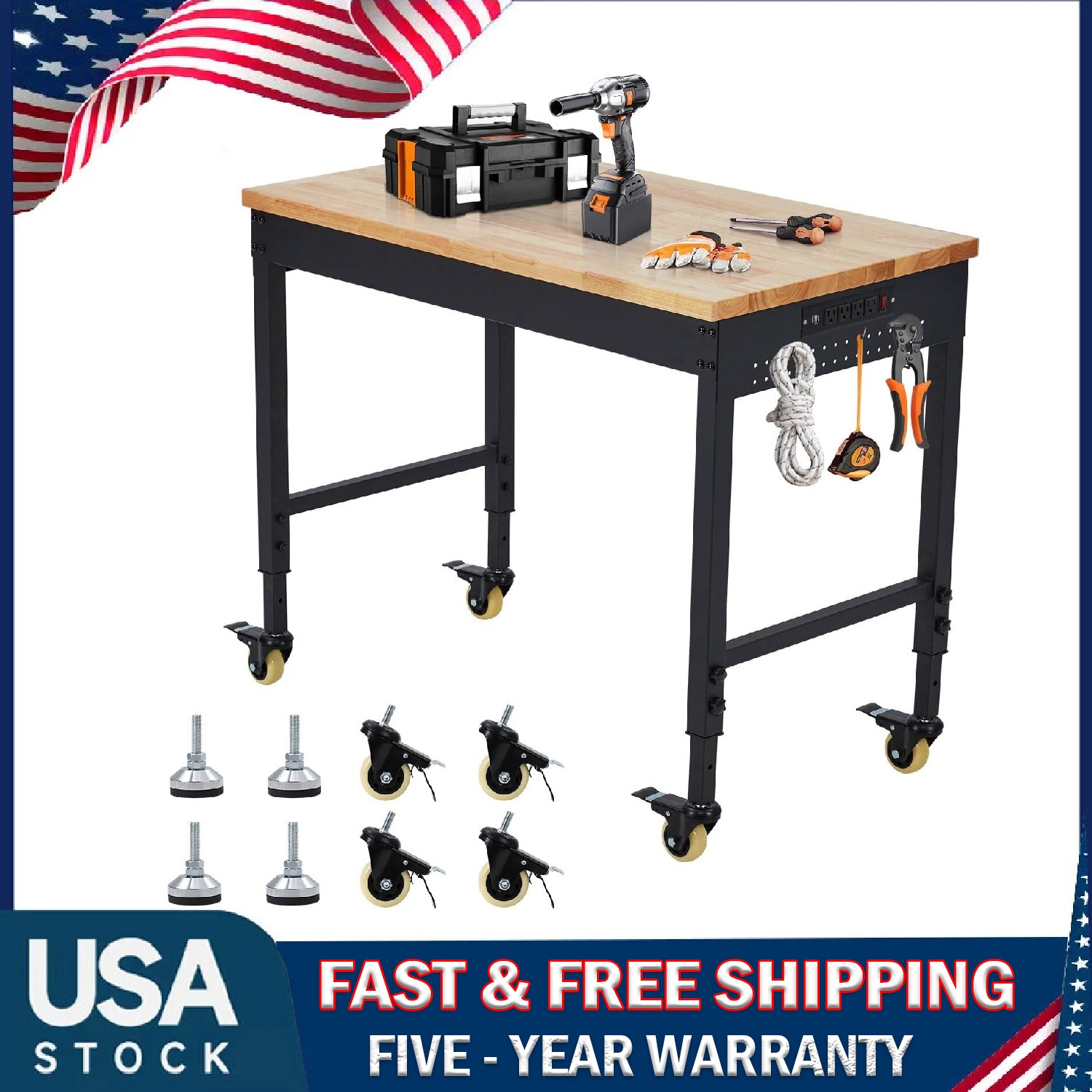 48"x 24" Adjustable Workbench ,Rubber Wood Work Table 2000 LBS with Power Outlet