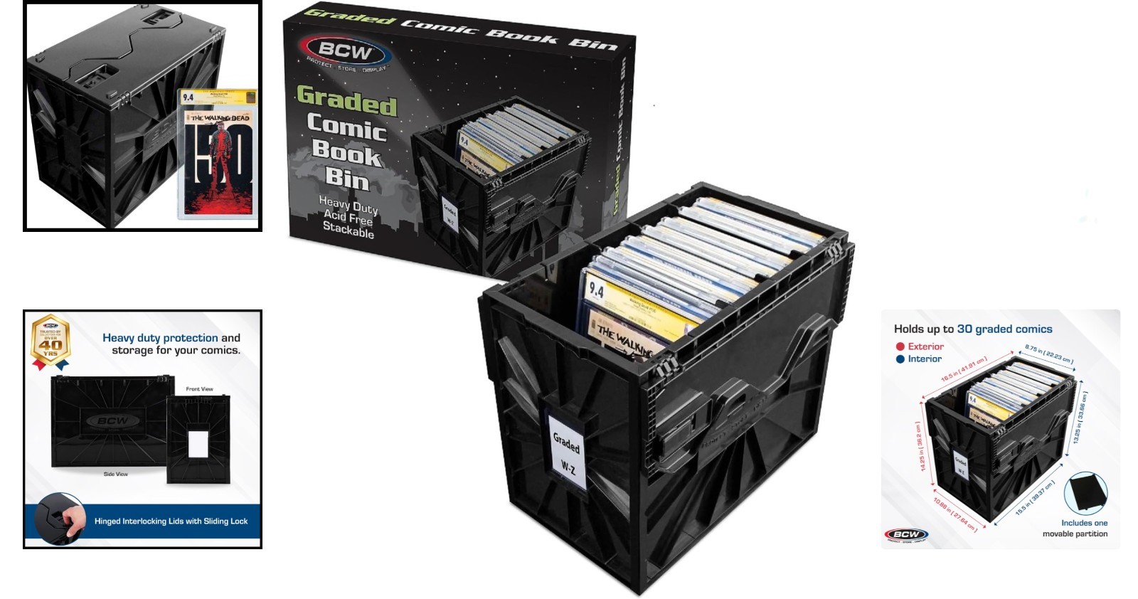 Black Graded Comic Book Bin – Holds Up to 30 Comics, Stackable Design