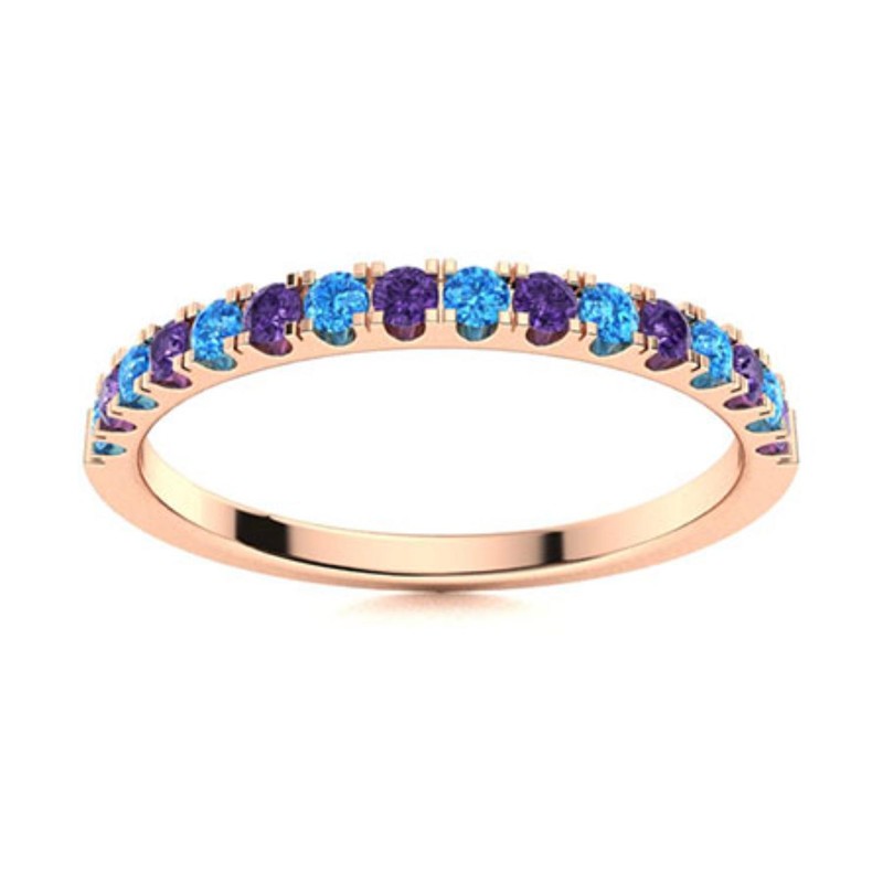 2mm Alternating Amethyst Swiss Blue Topaz Ring 925 Silver Rose Plated Stack Band