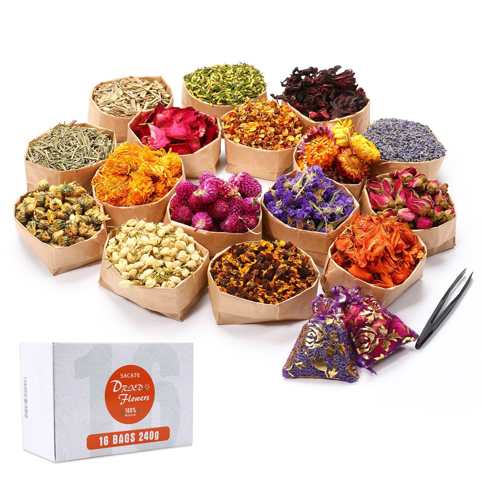 15g/Bag Dried Flowers,100% Natural Flowers 16 bags*15g, 16 Bags*15g