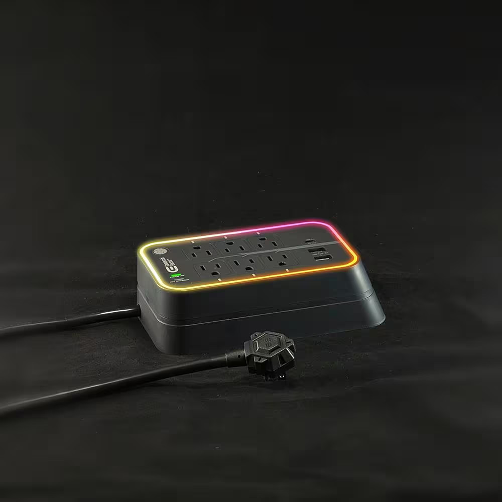 6 Ft. 6-Outlet RGB Gaming Surge Protector with 2 USB-A and 1 USB-C, Black