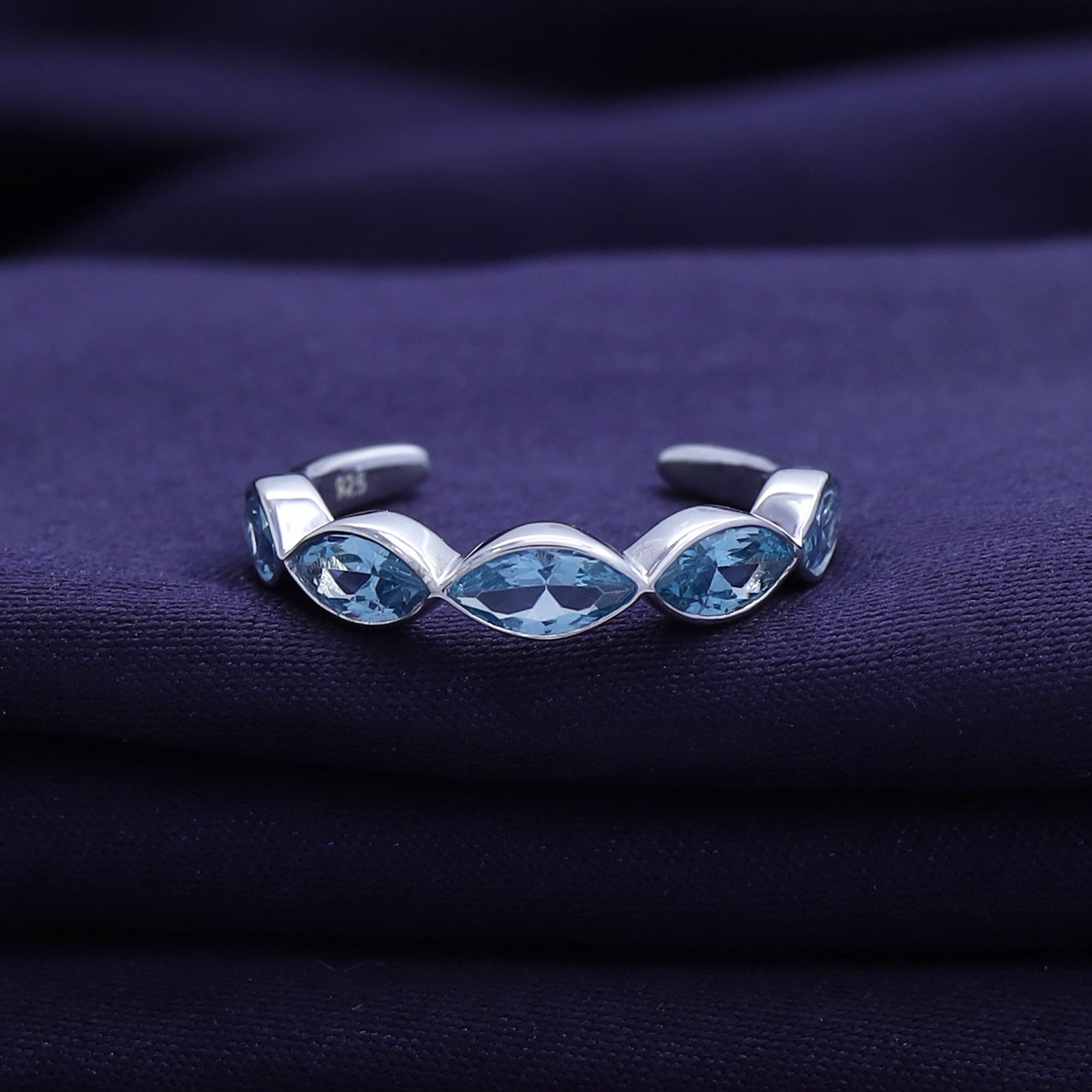Five Stone Toe Ring For Womens Marquise Cut Simulated Aquamarine Sterling Silver