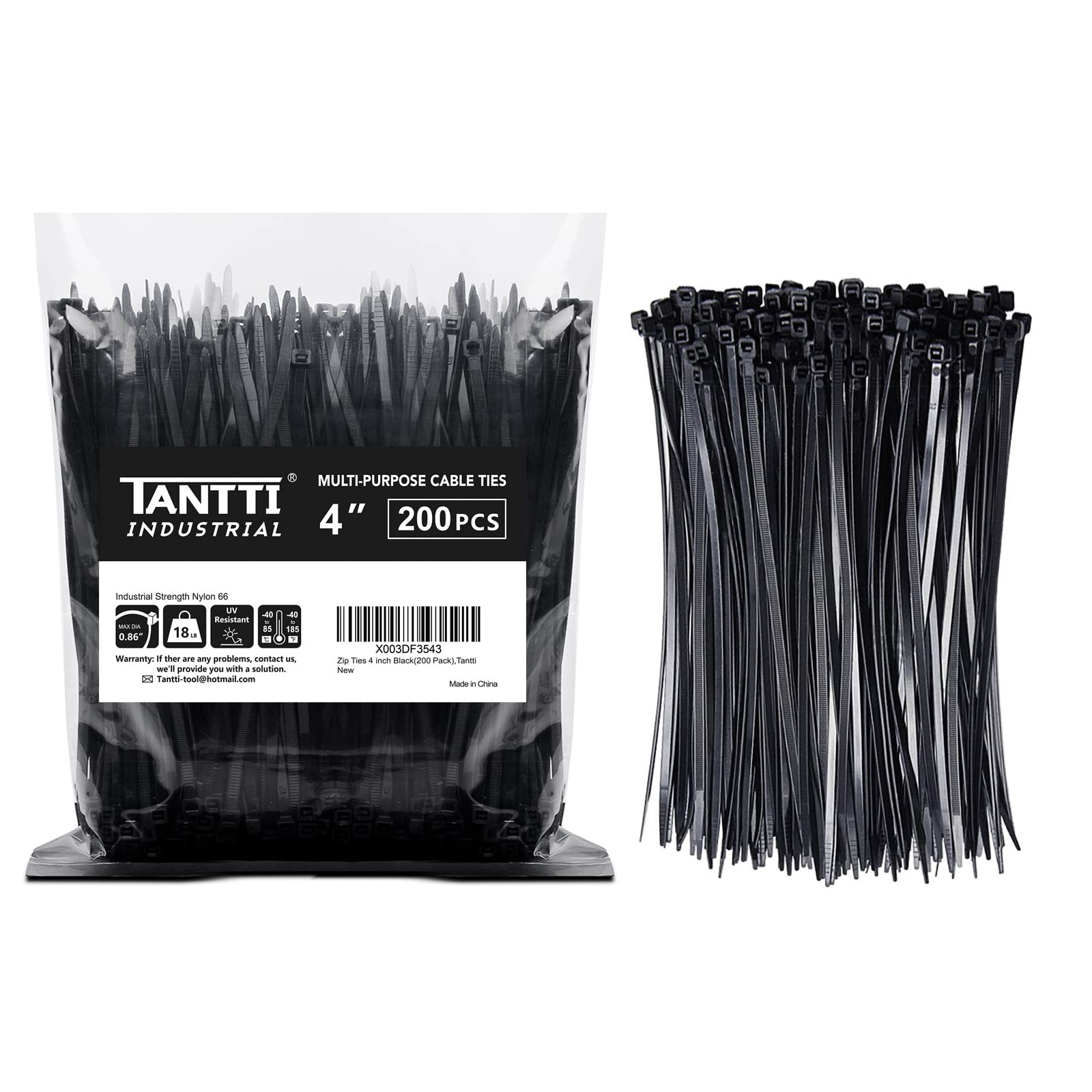 Zip Ties 4 inch (200 Pack), Small with 18 lb 4" Black