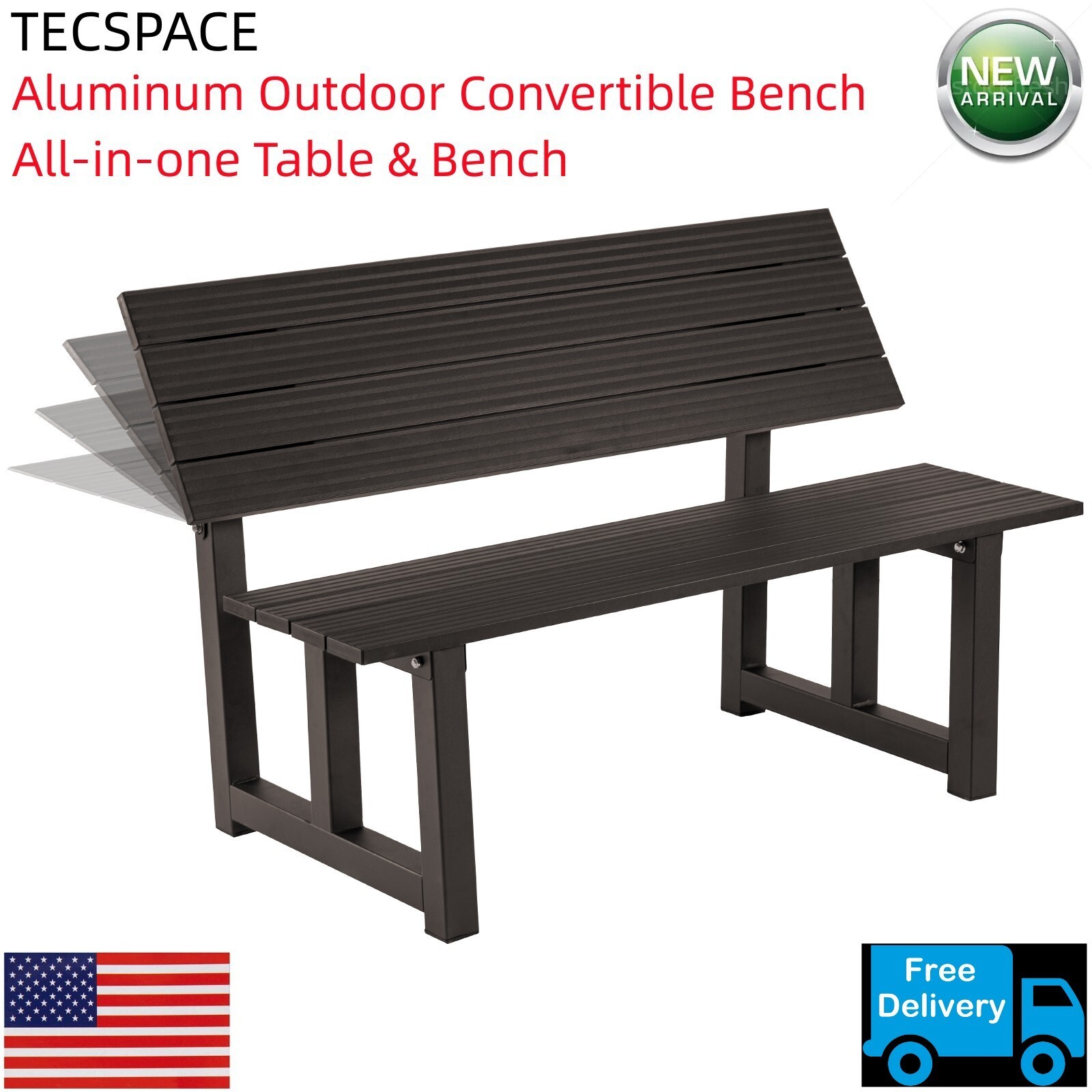 TECSPACE Aluminum Brown All-in-one Table&Bench for Park Garden,Patio and Lounge