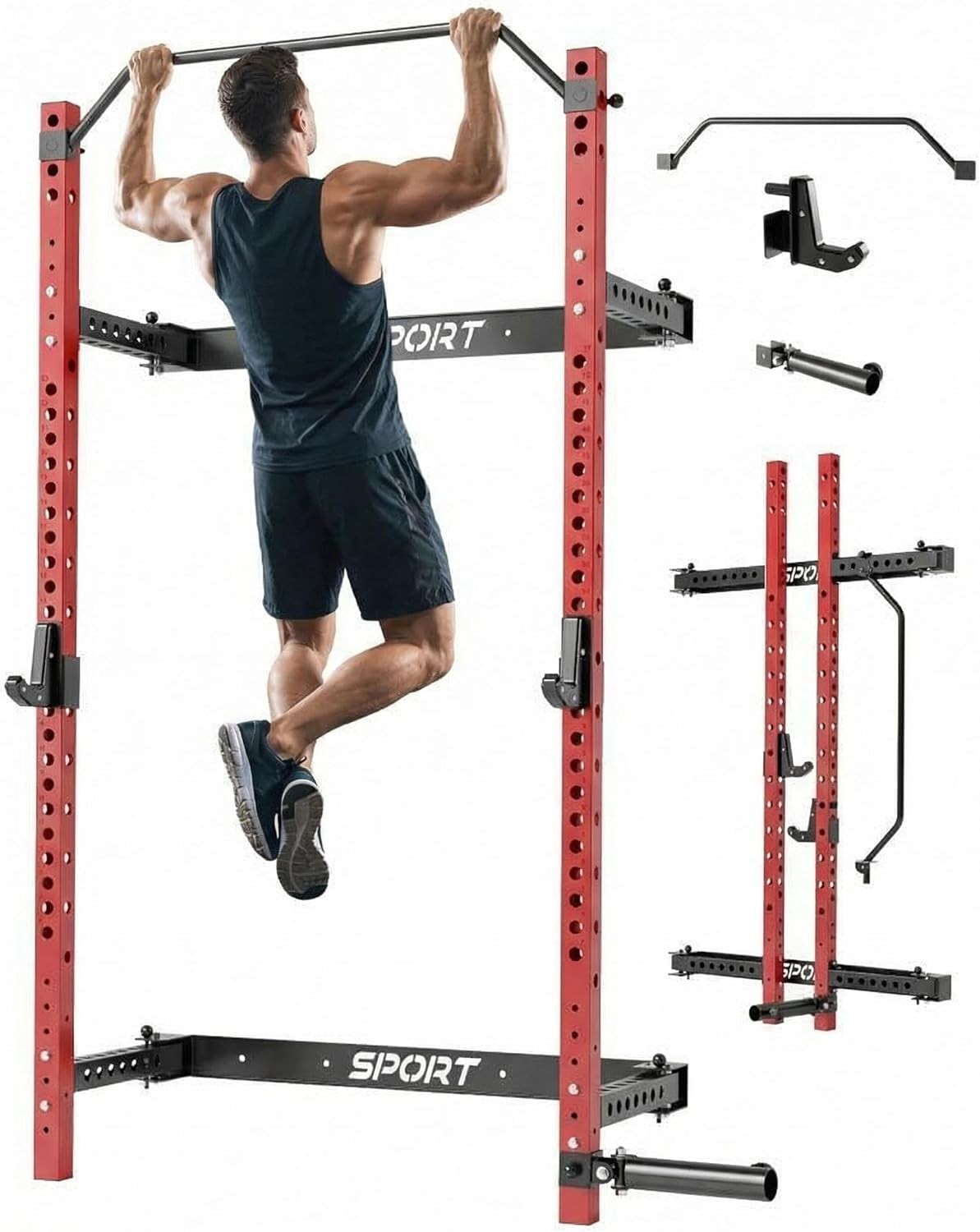 1000LBS Wall Mounted Folding Squat Power Rack for Home Gym with Pull-Up Bar