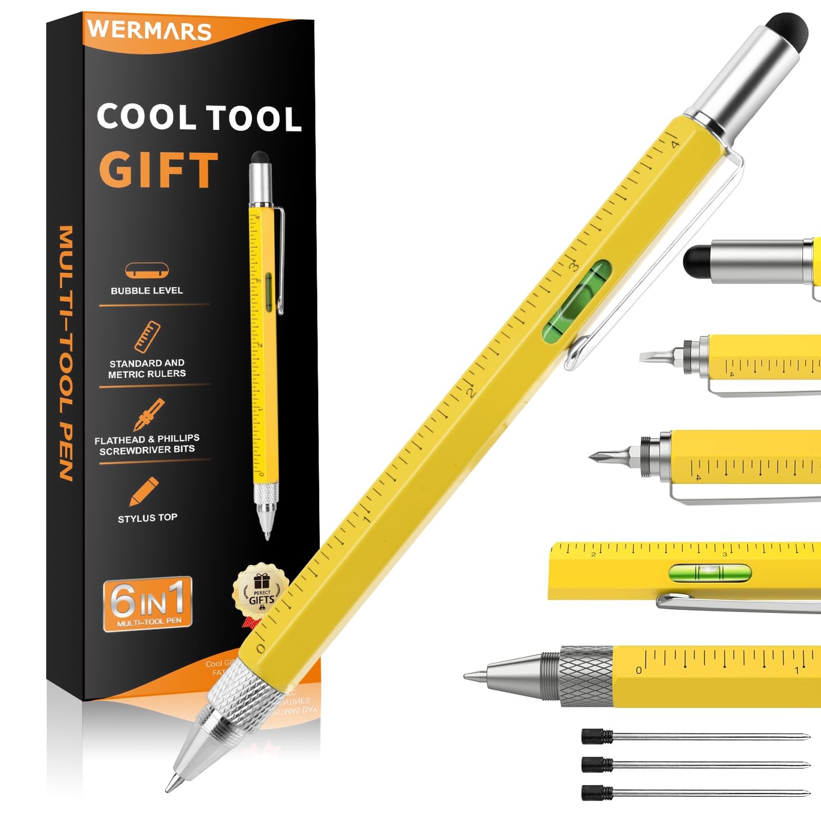 Fathers Day Mens Gift-6 in 1 Multitool Pen, Birthday Gifts for Men, Yellow