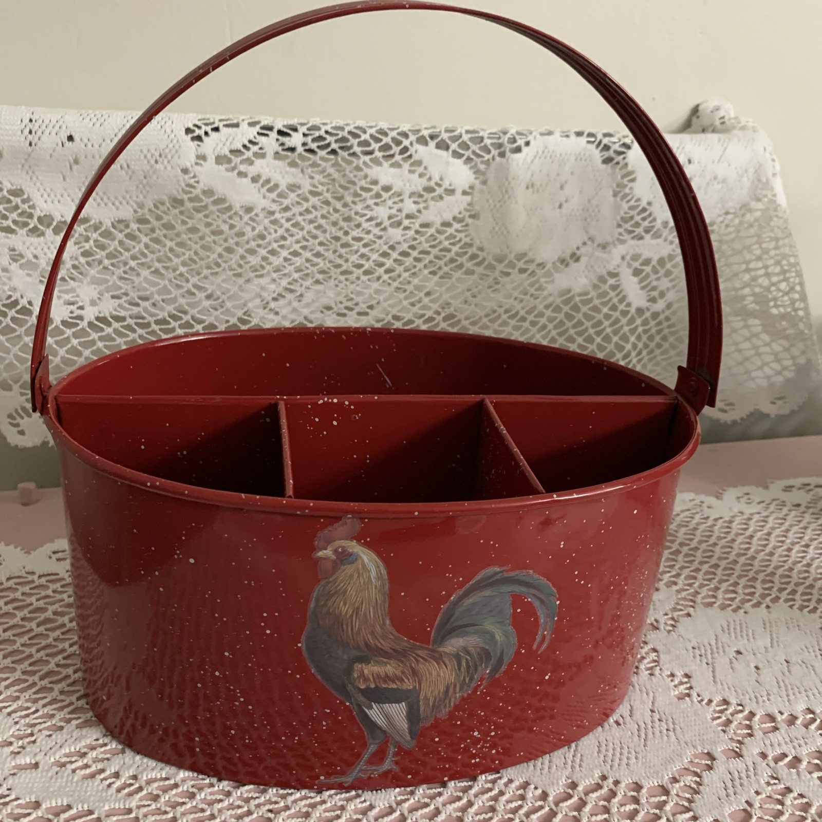 Red w/ white speckle Metal Caddy Organizer w/Handle Farmhouse Cottage Chicken