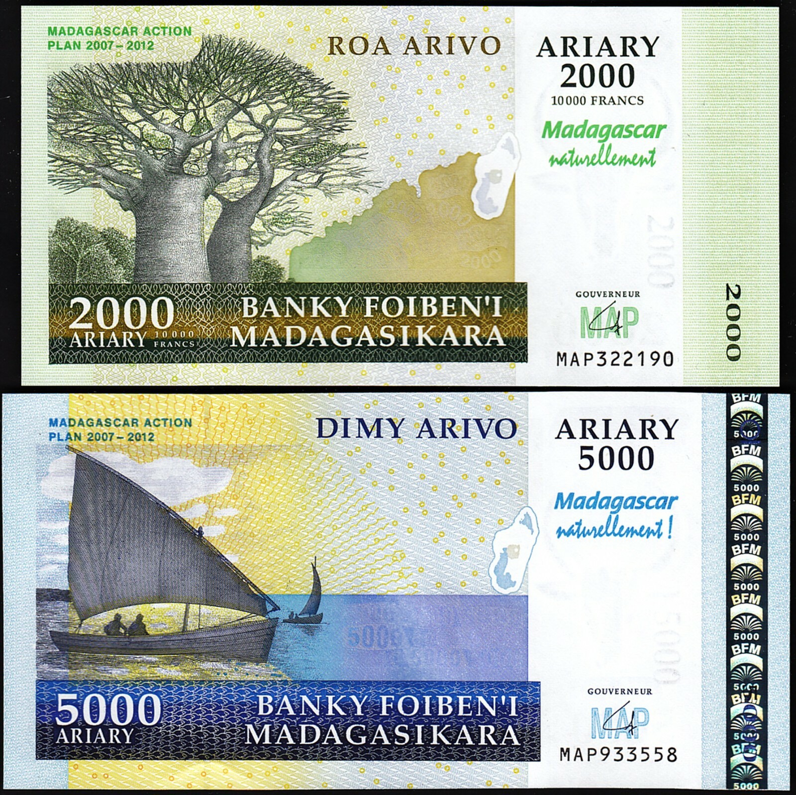 Madagascar 2000 - 5000 Ariary 2007-2012, UNC, 2 Pcs SET, P-93 P-94, COMM,NATUREL
