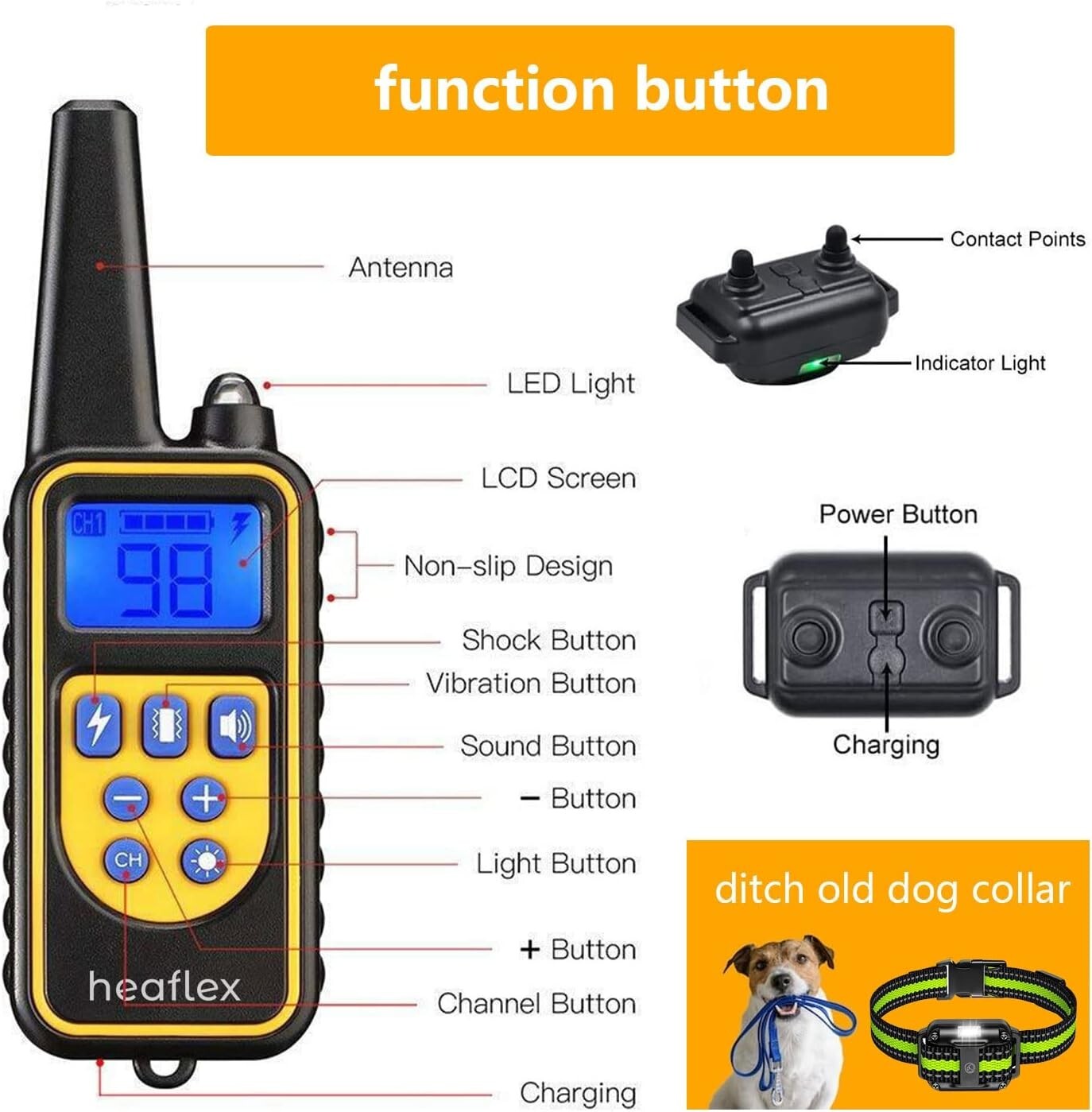 Rechargeable Remote Dog Training Collar with LED Light & Vibration - 3 Collars