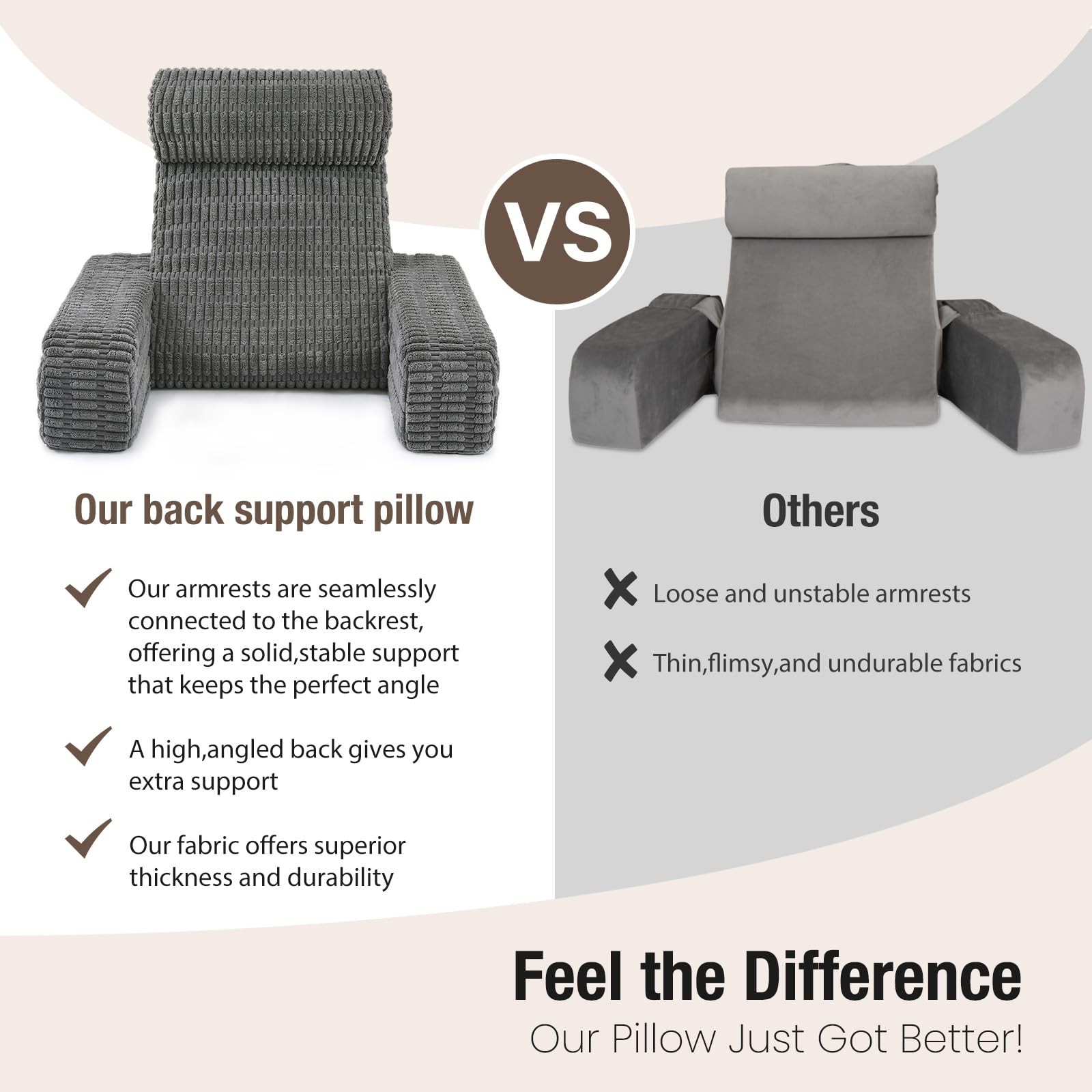 19" Reading Pillow for Bed with Built-in Arms & Large Pockets, Supportive Bac...